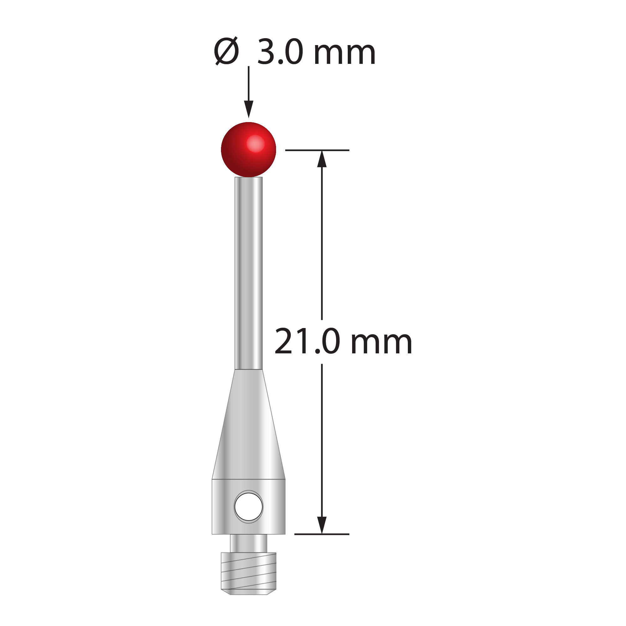 M3 stylus with 3.0 mm diameter ruby ball, 1.5 mm diameter stainless steel stem, and 4.0 mm diameter stainless steel base. Stylus length to ball center is 21.0 mm. Weight is 0.82 gram. Compare to Renishaw A-5000-3553, Carbide Probes 261-3R, and Mitutoyo K651148.