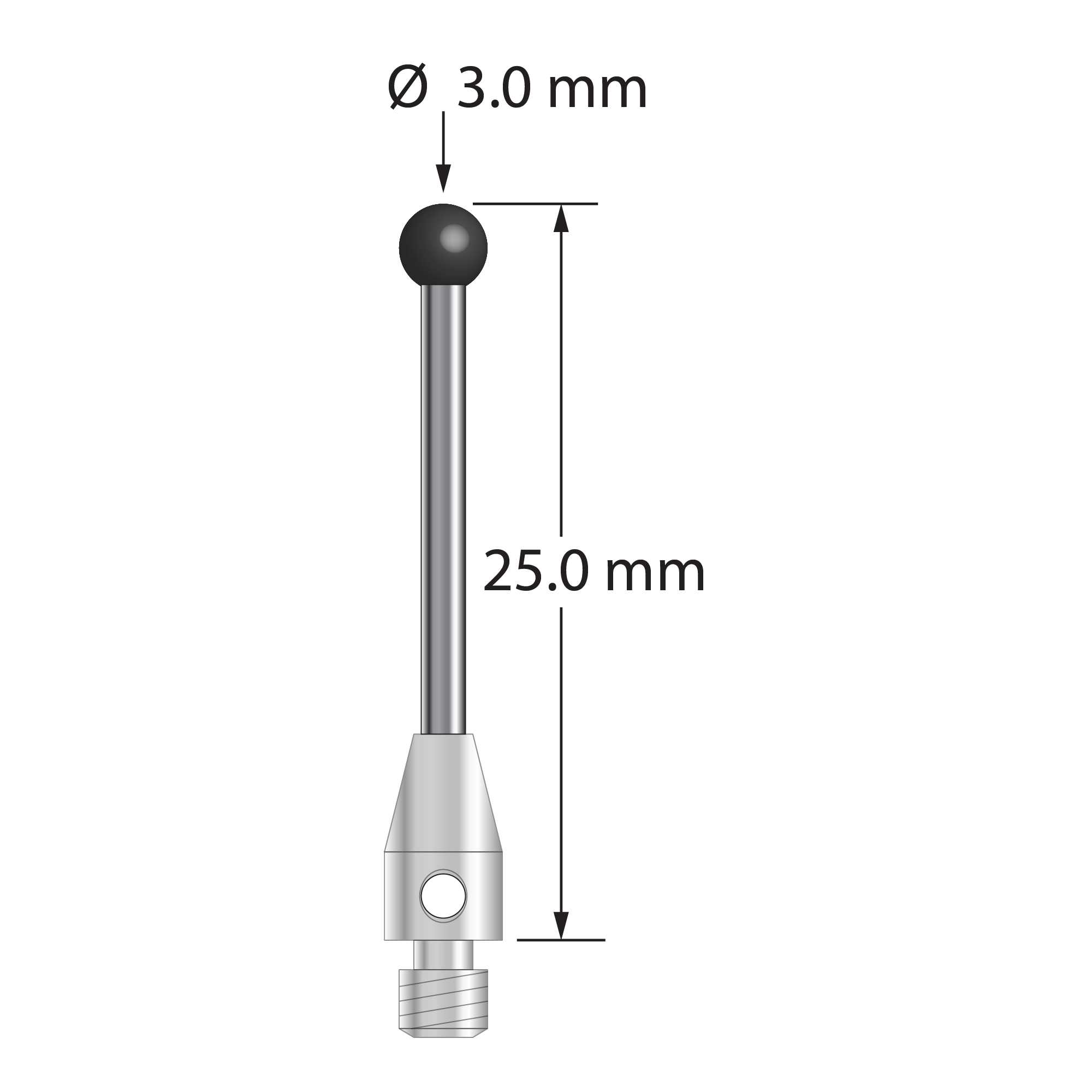 M3 stylus with 3.0 mm diameter silicon nitride ball, 1.5 mm diameter carbide stem, and 4.0 mm diameter x 7.0 mm long stainless steel base. Overall stylus length is 25.0 mm. Stylus weight is 1.13 grams.