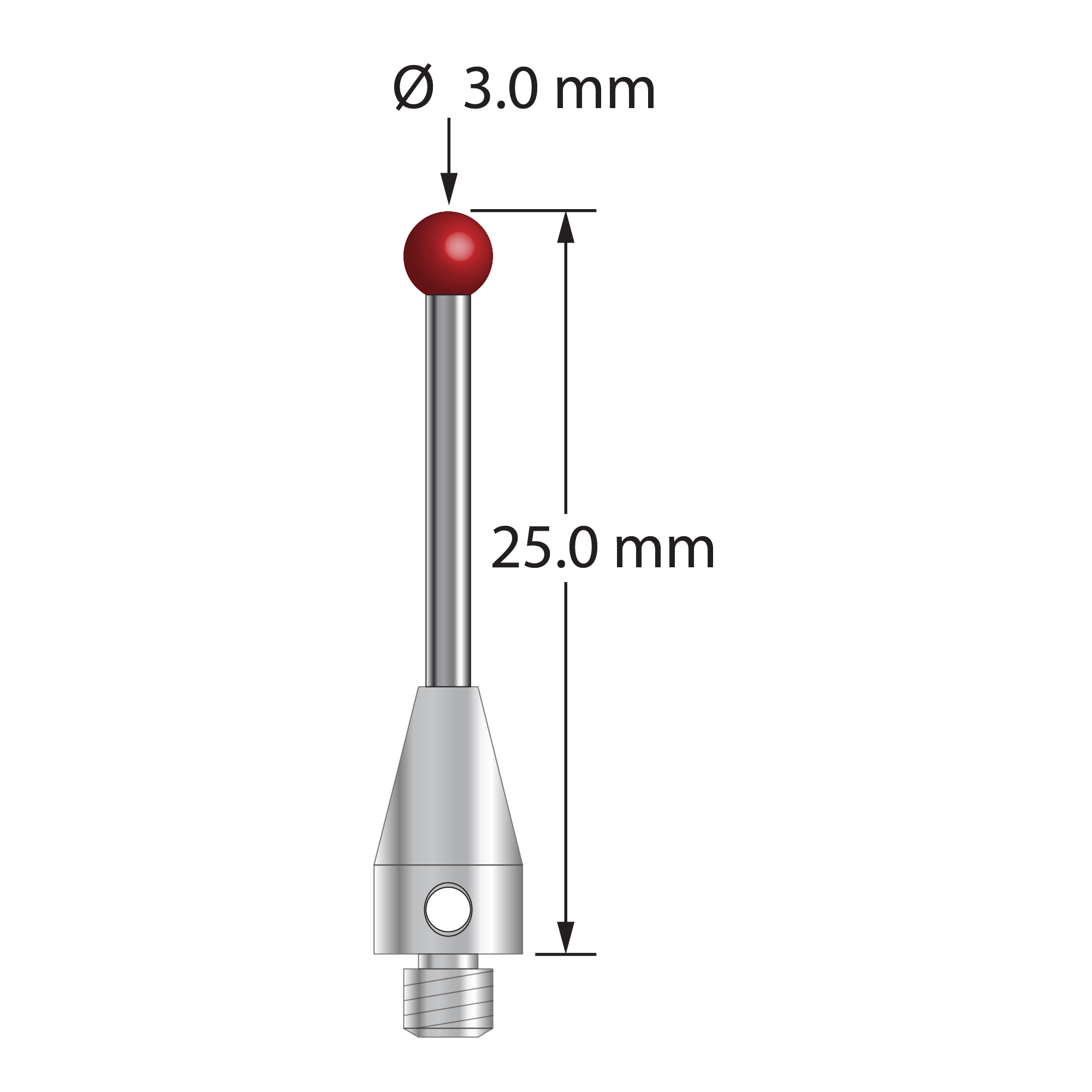 TM3-3025-TX-DS1.5 M3 ruby ball stylus with carbide shaft and titanium base, 25mm long.