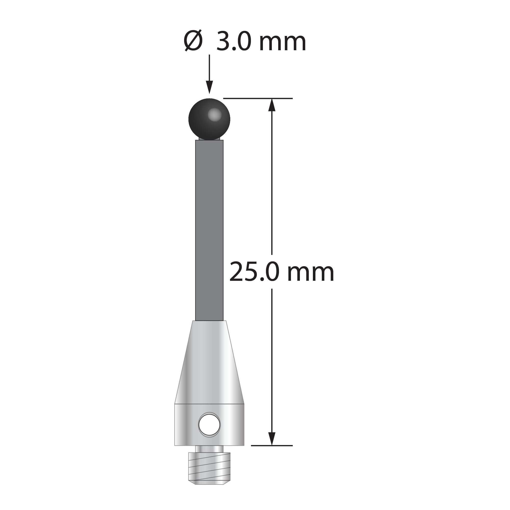 M3 XXT stylus with 3.0 mm diameter silicon nitride ball, 2.0 mm diameter carbon fiber stem, and 5.0 mm diameter x 9.0 mm long titanium base. Overall stylus length is 25.0 mm. Stylus weight is 0.57 gram. Compare to Zeiss 626103-0301-025.
