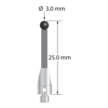 M3 XXT stylus with 3.0 mm diameter silicon nitride ball, 2.0 mm diameter carbon fiber stem, and 5.0 mm diameter x 9.0 mm long titanium base. Overall stylus length is 25.0 mm. Stylus weight is 0.57 gram. Compare to Zeiss 626103-0301-025.