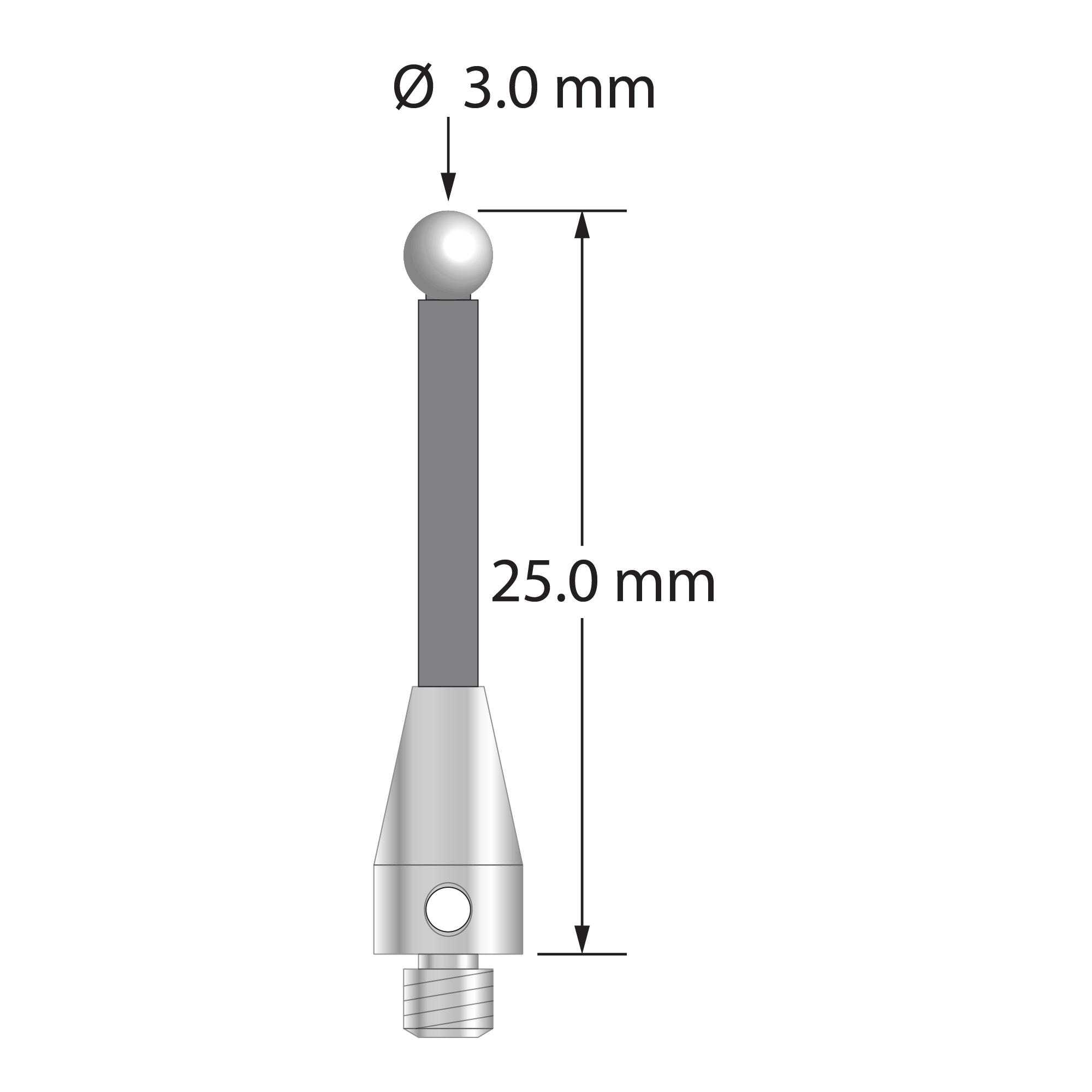 M3 XXT stylus with 3.0 mm diameter zirconia ball, 2.0 mm diameter carbon fiber stem, and 5.0 mm diameter x 9.0 mm long titanium base. Overall stylus length is 25.0 mm. Stylus weight is 0.57 gram.