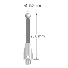 M3 XXT stylus with 3.0 mm diameter zirconia ball, 2.0 mm diameter carbon fiber stem, and 5.0 mm diameter x 9.0 mm long titanium base. Overall stylus length is 25.0 mm. Stylus weight is 0.57 gram.