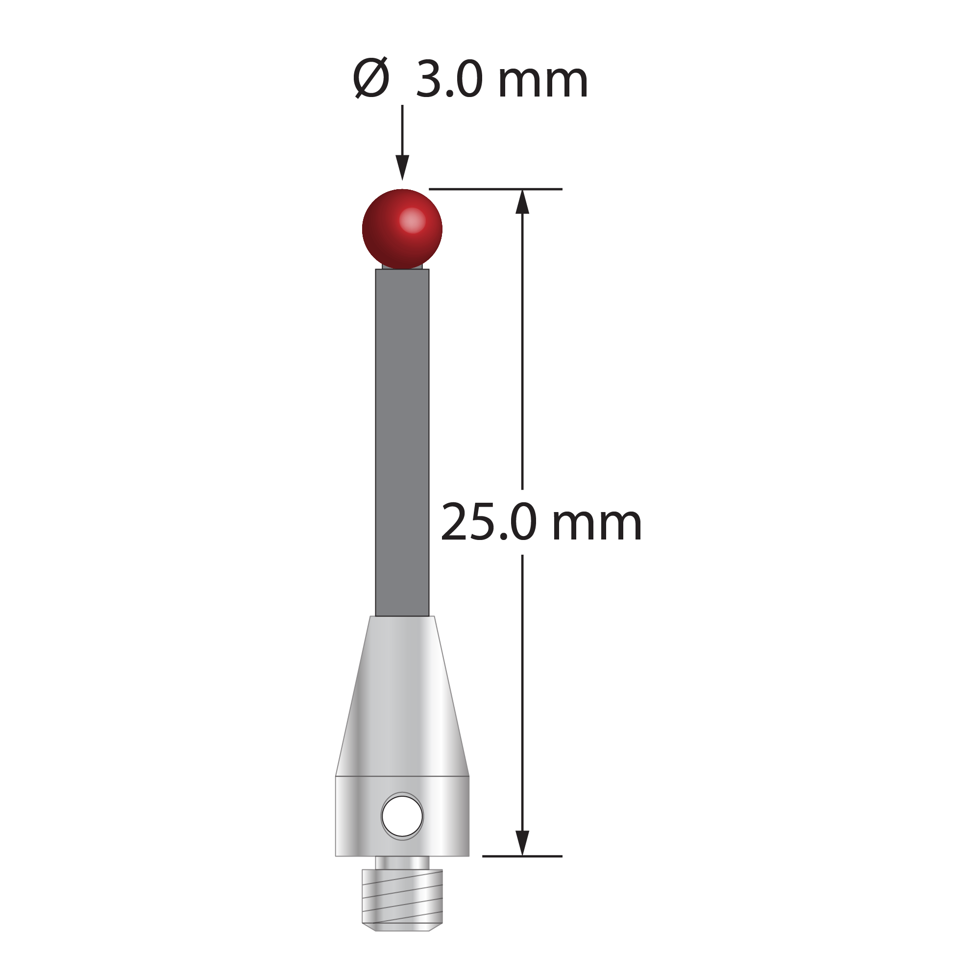 M3 XXT stylus with 3.0 mm diameter ruby ball, 2.0 mm diameter carbon fiber stem, and 5.0 mm diameter x 9.0 mm long titanium base. Overall stylus length is 25.0 mm. Stylus weight is 0.57 gram. Compare to Zeiss 626103-0300-025 and Renishaw A-5555-3859.