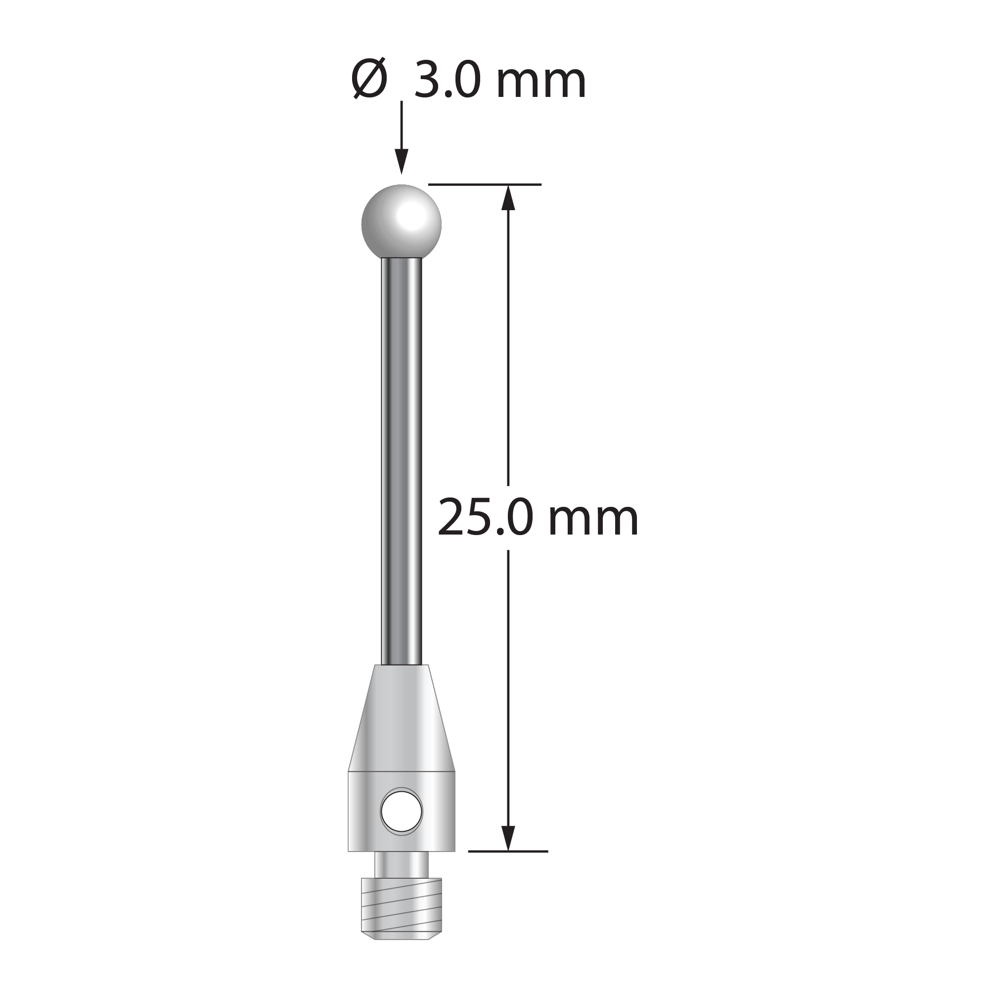 M3 stylus with 3.0 mm diameter zirconia ball, 1.5 mm diameter carbide shaft, and 4.0 mm diameter x 7.0 mm long stainless steel base. Overall stylus length is 25.0 mm. Stylus weight is 1.13 grams.