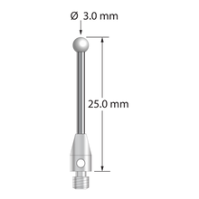 M3 stylus with 3.0 mm diameter zirconia ball, 1.5 mm diameter carbide shaft, and 4.0 mm diameter x 7.0 mm long stainless steel base. Overall stylus length is 25.0 mm. Stylus weight is 1.13 grams.