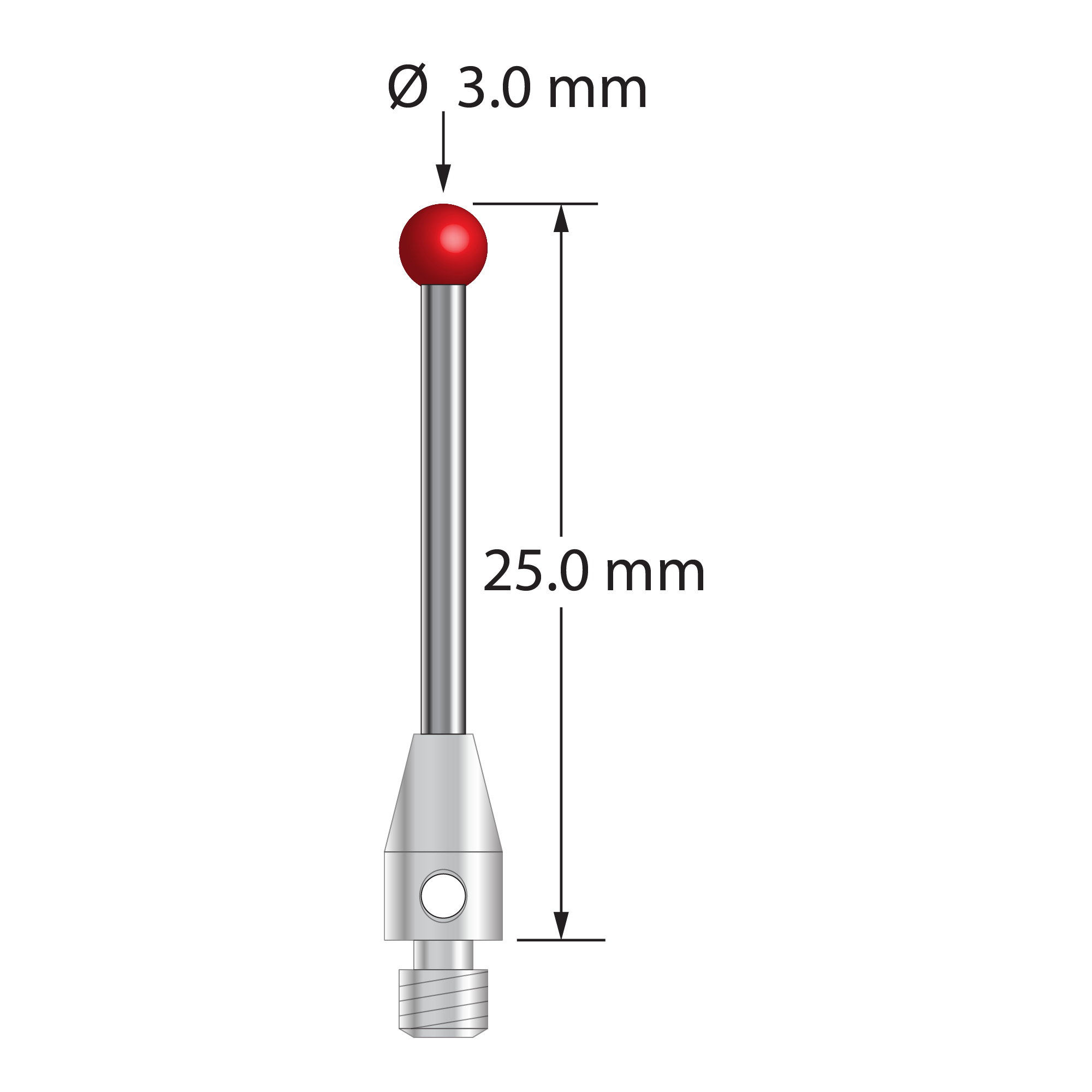 M3 stylus with 3.0 mm diameter ruby ball, 1.5 mm diameter carbide stem, and 4.0 mm diameter x 7.0 mm long stainless steel base. Overall stylus length is 25.0 mm. Stylus weight is 1.13 grams.