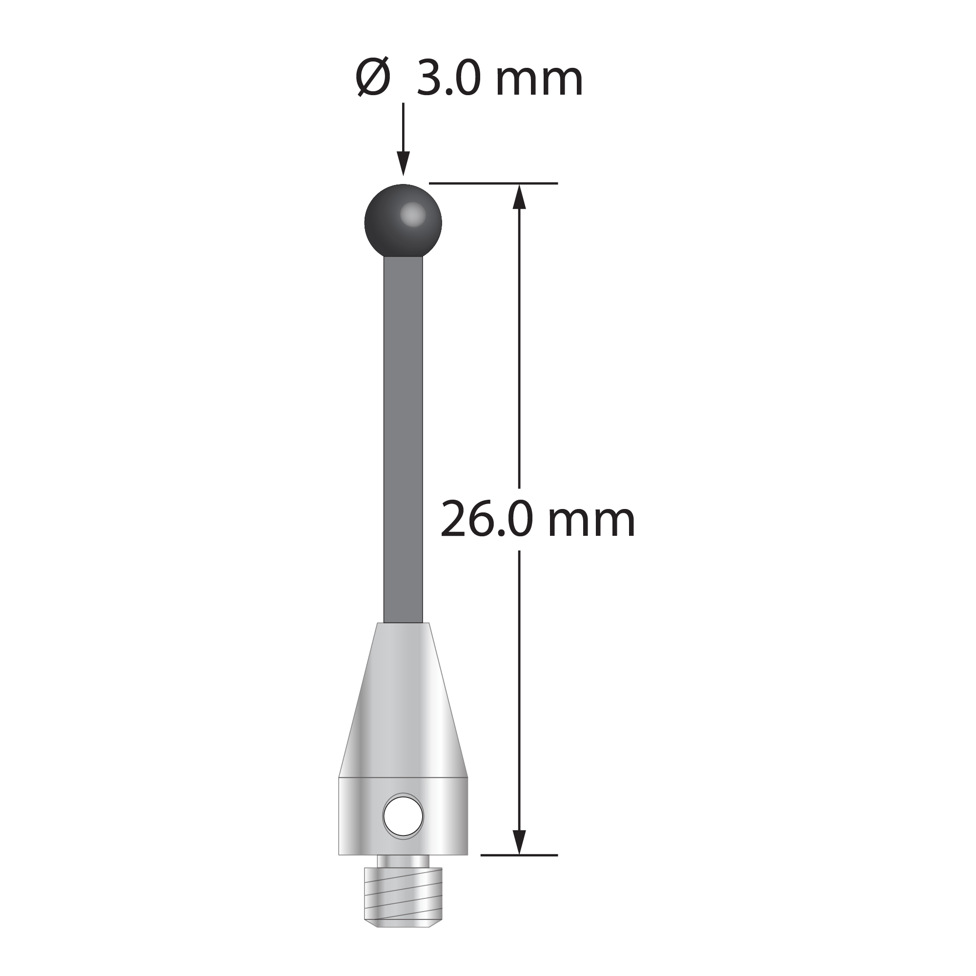 M3 XXT stylus with 3.0 mm diameter silicon nitride ball, 1.5 mm diameter carbon fiber stem, and 5.0 mm diameter x 9.0 mm long titanium base. Overall stylus length is 26.0 mm. Stylus weight is 0.55 gram. Compare to Zeiss 626103-0355-026.
