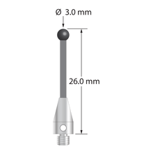 M3 XXT stylus with 3.0 mm diameter silicon nitride ball, 1.5 mm diameter carbon fiber stem, and 5.0 mm diameter x 9.0 mm long titanium base. Overall stylus length is 26.0 mm. Stylus weight is 0.55 gram. Compare to Zeiss 626103-0355-026.