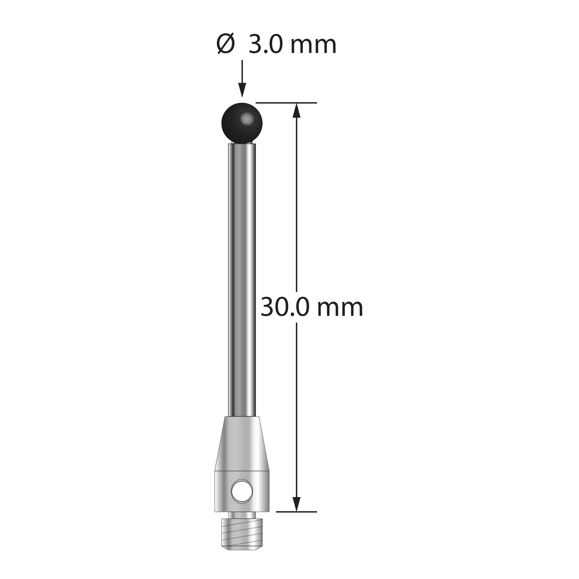 TM3-3030-SN M3 stylus with 3.0mm silicon nitride ball, carbide stem, and stainless steel base, 30mm long.
