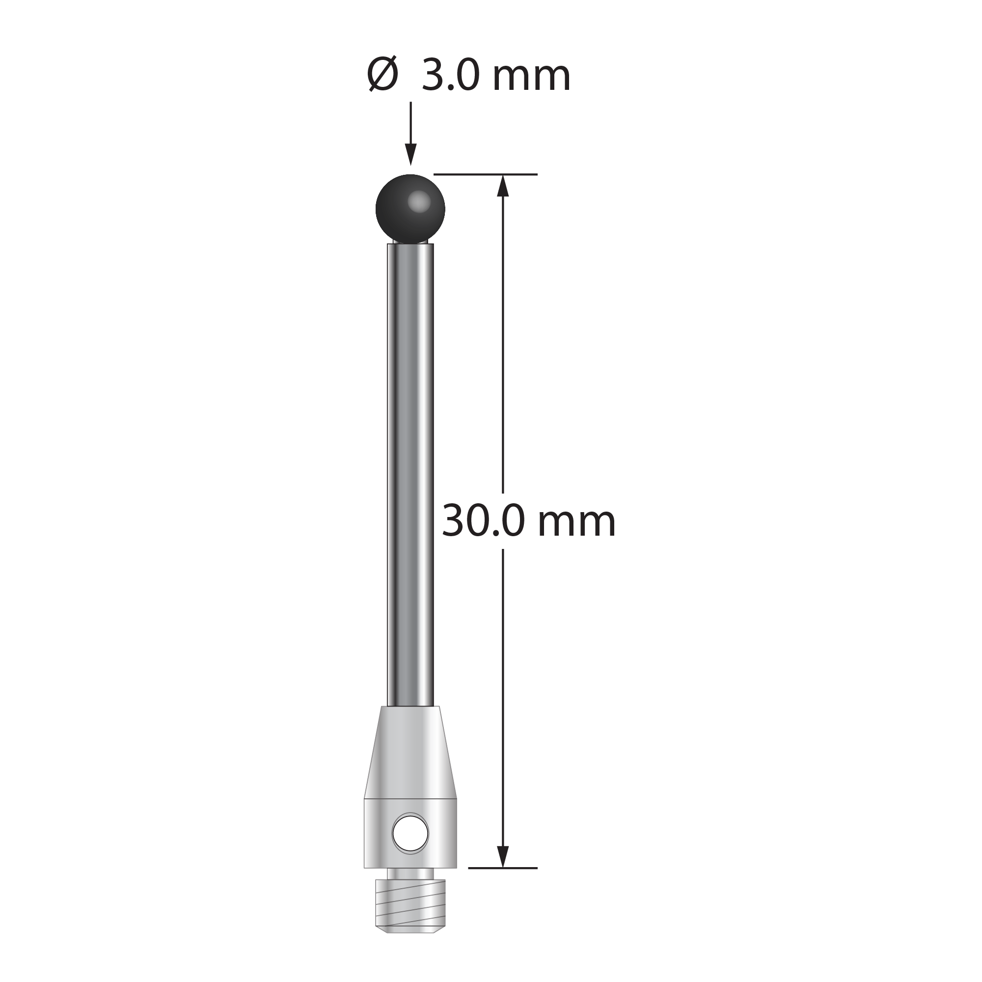 M3 stylus with 3.0 mm diameter silicon nitride ball, 2.0 mm diameter carbide stem, and 4.0 mm diameter x 7.0 mm long stainless steel base. Overall stylus length is 30.0 mm. Stylus weight is 1.53 grams.