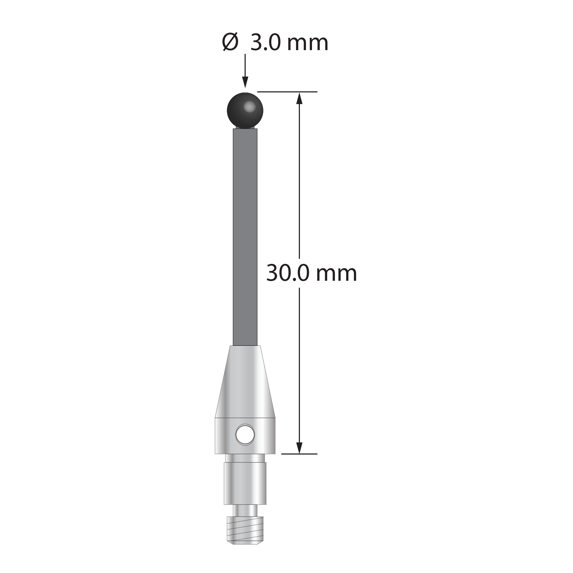 M3 XXT clamping stylus with 3.0 mm diameter silicon nitride ball, 2.0 mm diameter Therm-X carbon fiber stem, and 5.0 mm diameter x 9.0 mm long titanium base. Overall length is 30.0 mm. Stylus weight is 0.81 gram. Compare to Zeiss 626103-0311-030.