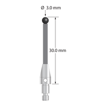 M3 XXT clamping stylus with 3.0 mm diameter silicon nitride ball, 2.0 mm diameter Therm-X carbon fiber stem, and 5.0 mm diameter x 9.0 mm long titanium base. Overall length is 30.0 mm. Stylus weight is 0.81 gram. Compare to Zeiss 626103-0311-030.