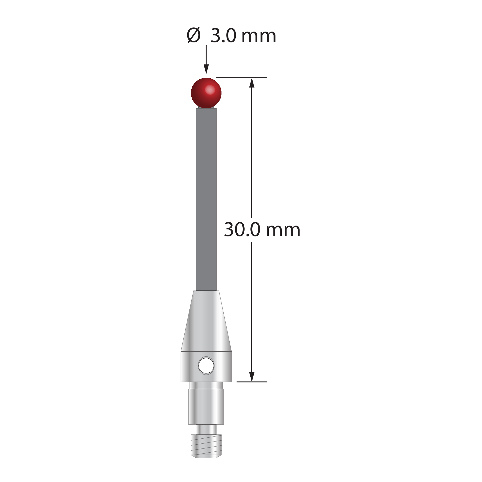M3 XXT clamping stylus with 3.0 mm diameter ruby ball, 2.0 mm diameter Therm-X carbon fiber stem, and 5.0 mm diameter x 9.0 mm long titanium base. Overall length is 30.0 mm. Stylus weight is 0.81 gram. Compare to Zeiss 626103-0301-030.
