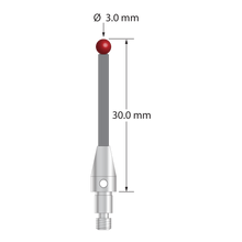 M3 XXT clamping stylus with 3.0 mm diameter ruby ball, 2.0 mm diameter Therm-X carbon fiber stem, and 5.0 mm diameter x 9.0 mm long titanium base. Overall length is 30.0 mm. Stylus weight is 0.81 gram. Compare to Zeiss 626103-0301-030.