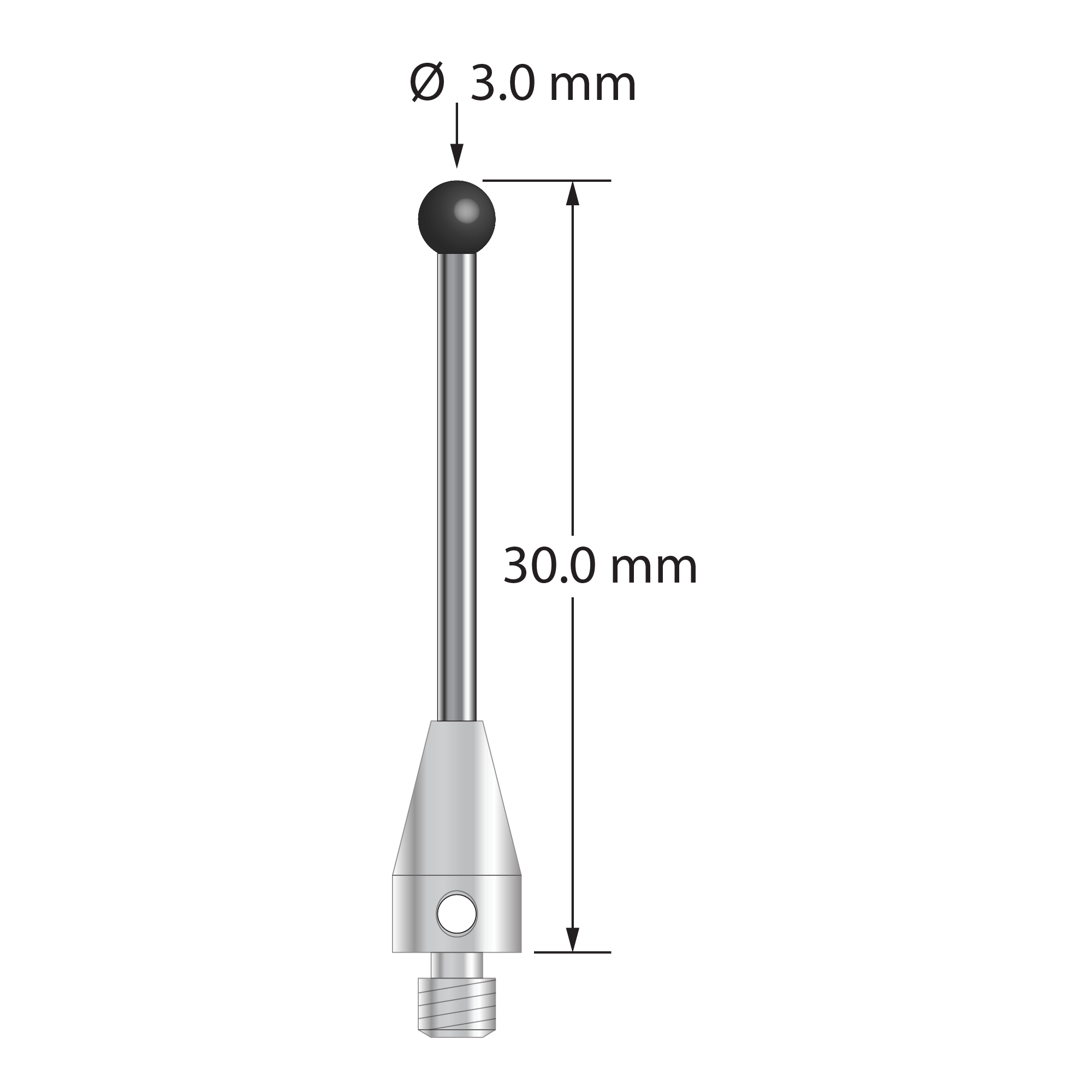 M3 XXT stylus with 3.0 mm diameter silicon nitride ball, 1.5 mm diameter carbide stem, and 5.0 mm diameter x 9.0 mm long titanium base. Overall stylus length is 30.0 mm. Stylus weight is 1.08 grams. Compare to Zeiss 626103-0355-030.