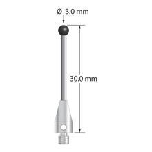 M3 XXT stylus with 3.0 mm diameter silicon nitride ball, 1.5 mm diameter carbide stem, and 5.0 mm diameter x 9.0 mm long titanium base. Overall stylus length is 30.0 mm. Stylus weight is 1.08 grams. Compare to Zeiss 626103-0355-030.