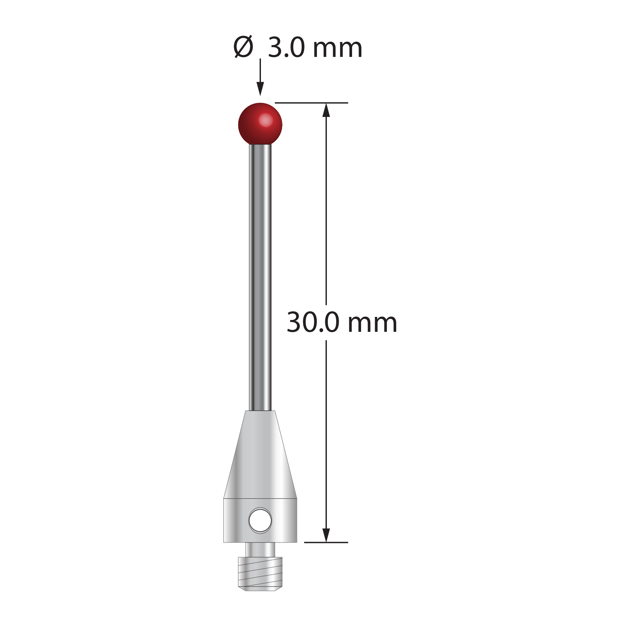 M3 XXT stylus with 3.0 mm diameter ruby ball, 1.5 mm diameter carbide stem, and 5.0 mm diameter x 9.0 mm long titanium base. Overall stylus length is 30.0 mm. Stylus weight is 1.08 grams. Compare to Zeiss 626103-0354-030.