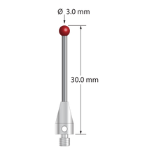 M3 XXT stylus with 3.0 mm diameter ruby ball, 1.5 mm diameter carbide stem, and 5.0 mm diameter x 9.0 mm long titanium base. Overall stylus length is 30.0 mm. Stylus weight is 1.08 grams. Compare to Zeiss 626103-0354-030.