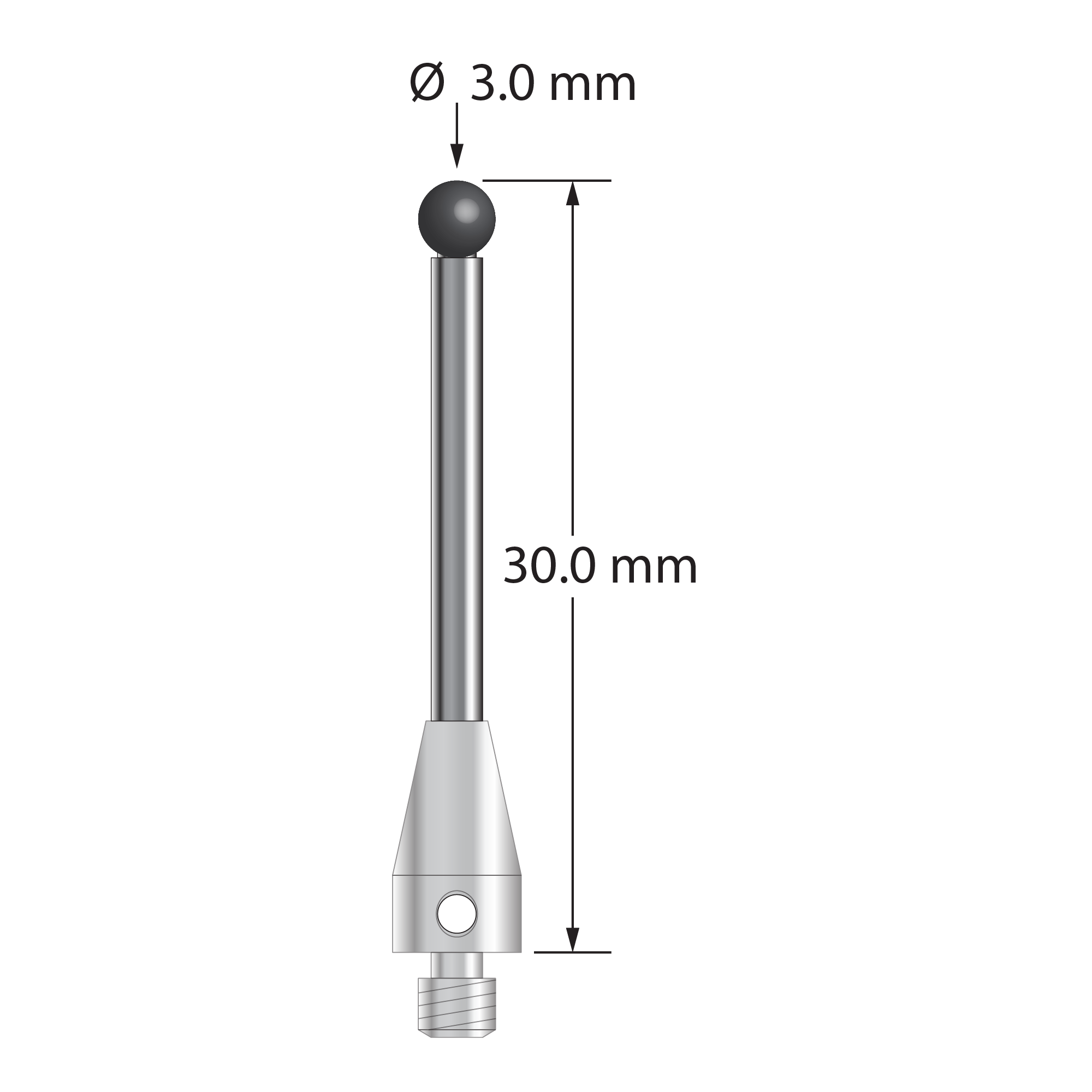 M3 XXT stylus with 3.0 mm diameter silicon nitride ball, 2.0 mm diameter carbide stem, and 5.0 mm diameter x 9.0 mm long titanium base. Overall stylus length is 30.0 mm. Stylus weight is 1.44 grams.