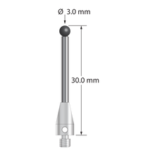 M3 XXT stylus with 3.0 mm diameter silicon nitride ball, 2.0 mm diameter carbide stem, and 5.0 mm diameter x 9.0 mm long titanium base. Overall stylus length is 30.0 mm. Stylus weight is 1.44 grams.