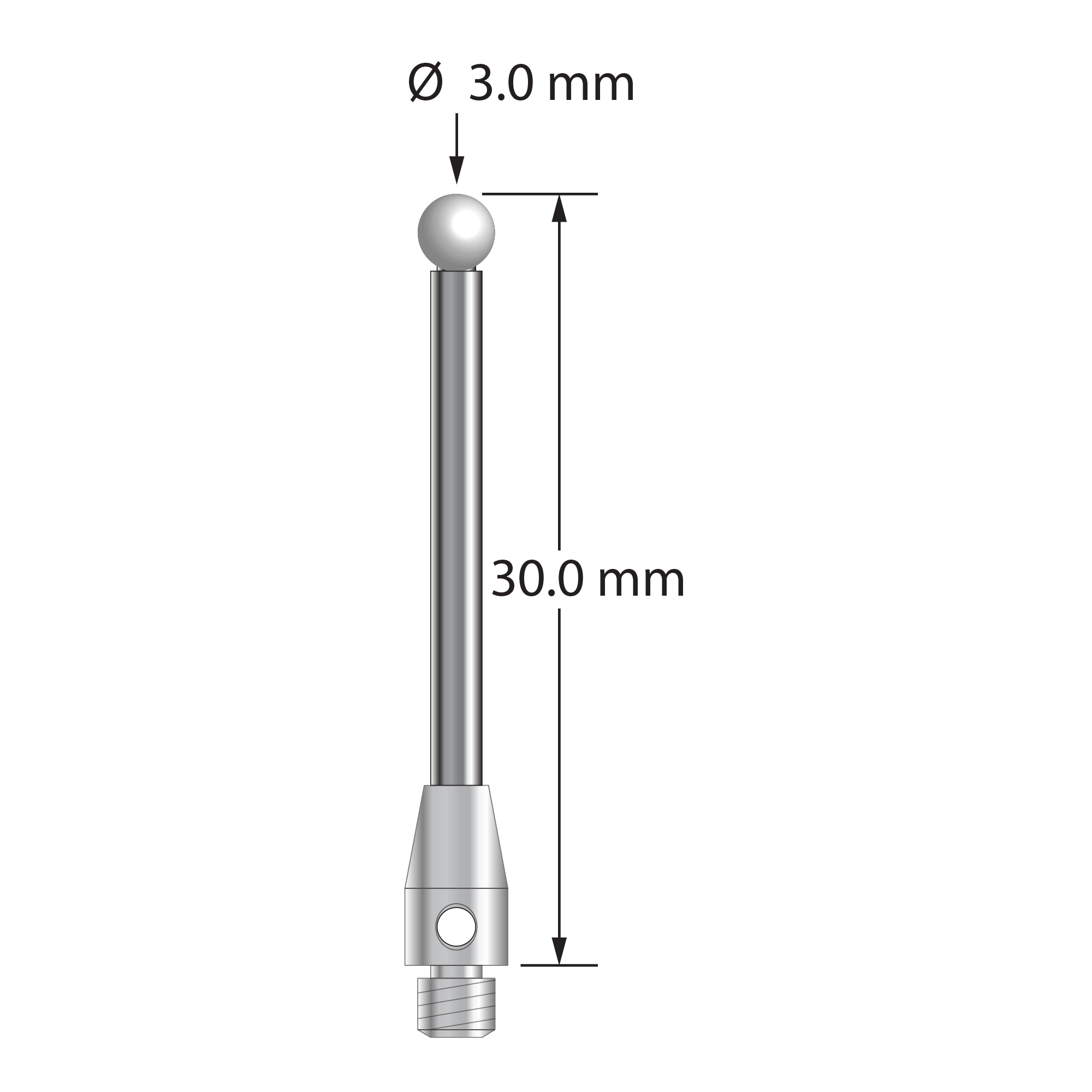 TM3-3030-Z M3 stylus with 3.0mm zirconia ball, carbide stem, and stainless steel base, 30.0mm long by Q-Mark Manufacturing, Inc.