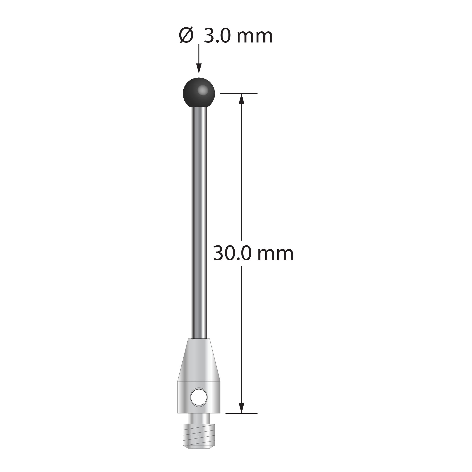 M3 stylus with 3.0 mm diameter silicon nitride ball, 1.5 mm diameter carbide stem, and 4.0 mm diameter x 7.0 mm long stainless steel base. Stylus length to ball center is 30.0 mm. Stylus weight is 1.31 grams.
