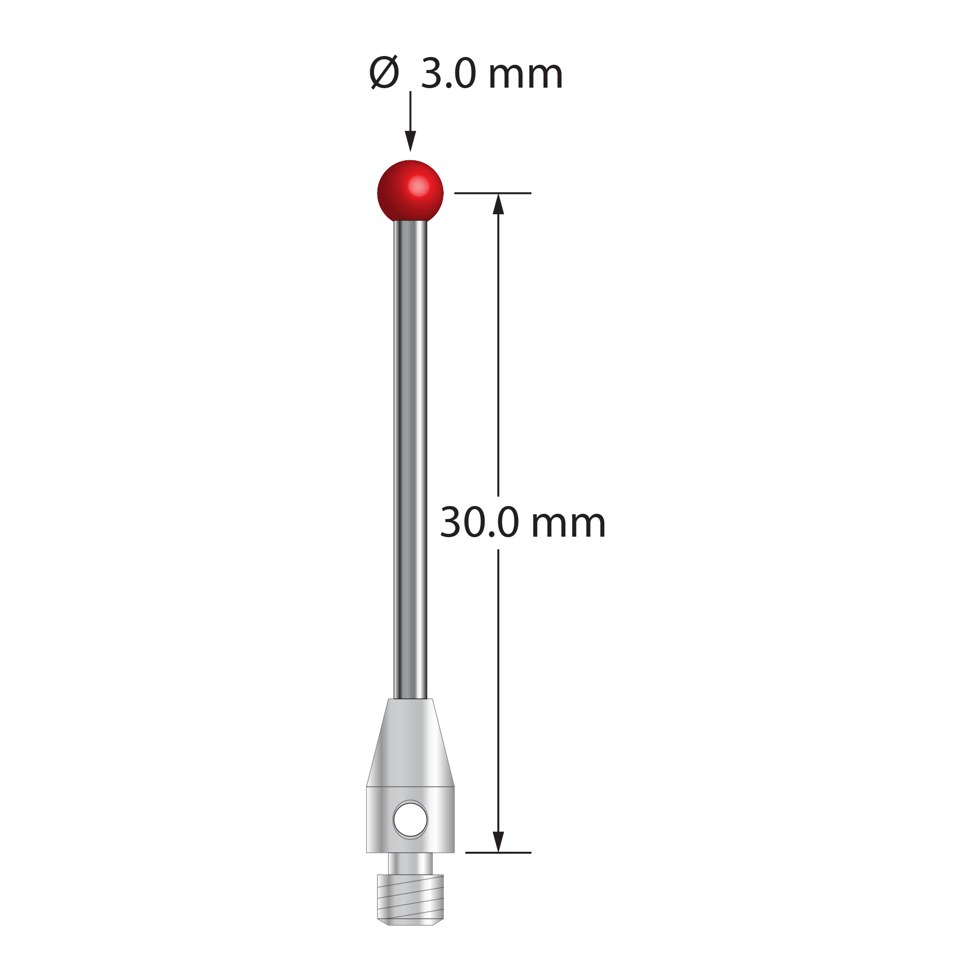 M3 stylus with 3.0 mm diameter ruby ball, 1.5 mm diameter carbide stem, and 4.0 mm diameter x 7.0 mm long stainless steel base. Stylus length to ball center is 30.0 mm. Stylus weight is 1.31 grams.
