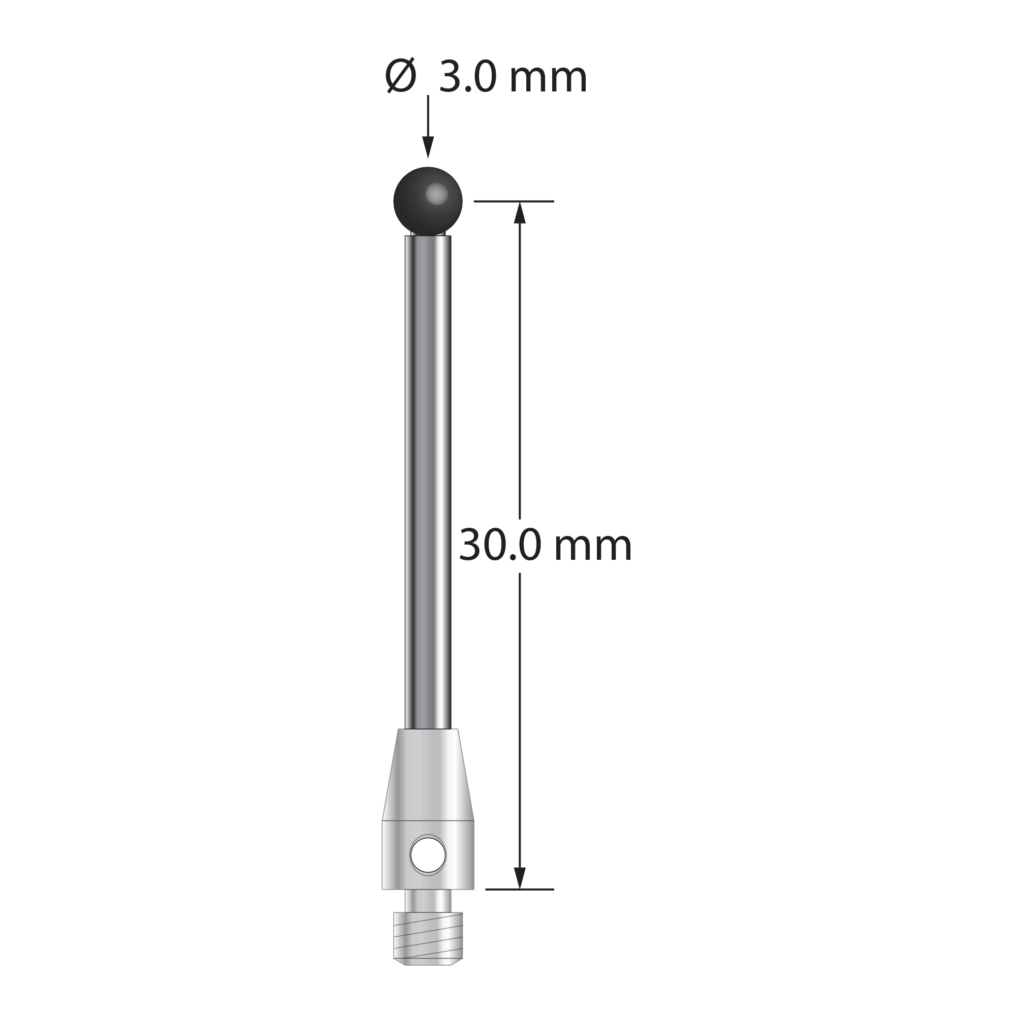 M3 stylus with 3.0 mm diameter silicon nitride ball, 2.0 mm diameter carbide stem, and 4.0 mm diameter x 7.0 mm long stainless steel base. Stylus length to ball center is 30.0 mm. Stylus weight is 1.76 grams.