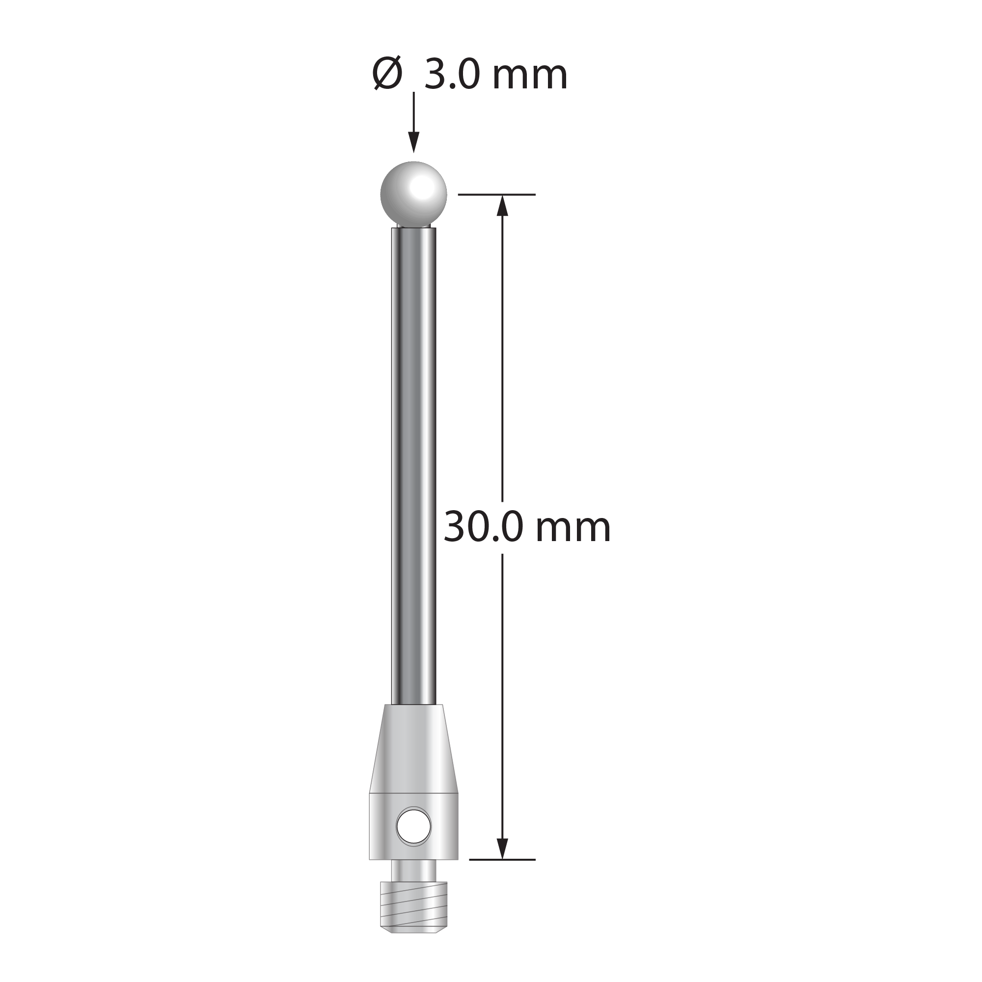 M3 stylus with 3.0 mm diameter zirconia ball, 2.0 mm diameter carbide stem, and 4.0 mm diameter x 7.0 mm long stainless steel base. Stylus length to ball center is 30.0 mm. Stylus weight is 1.76 grams.