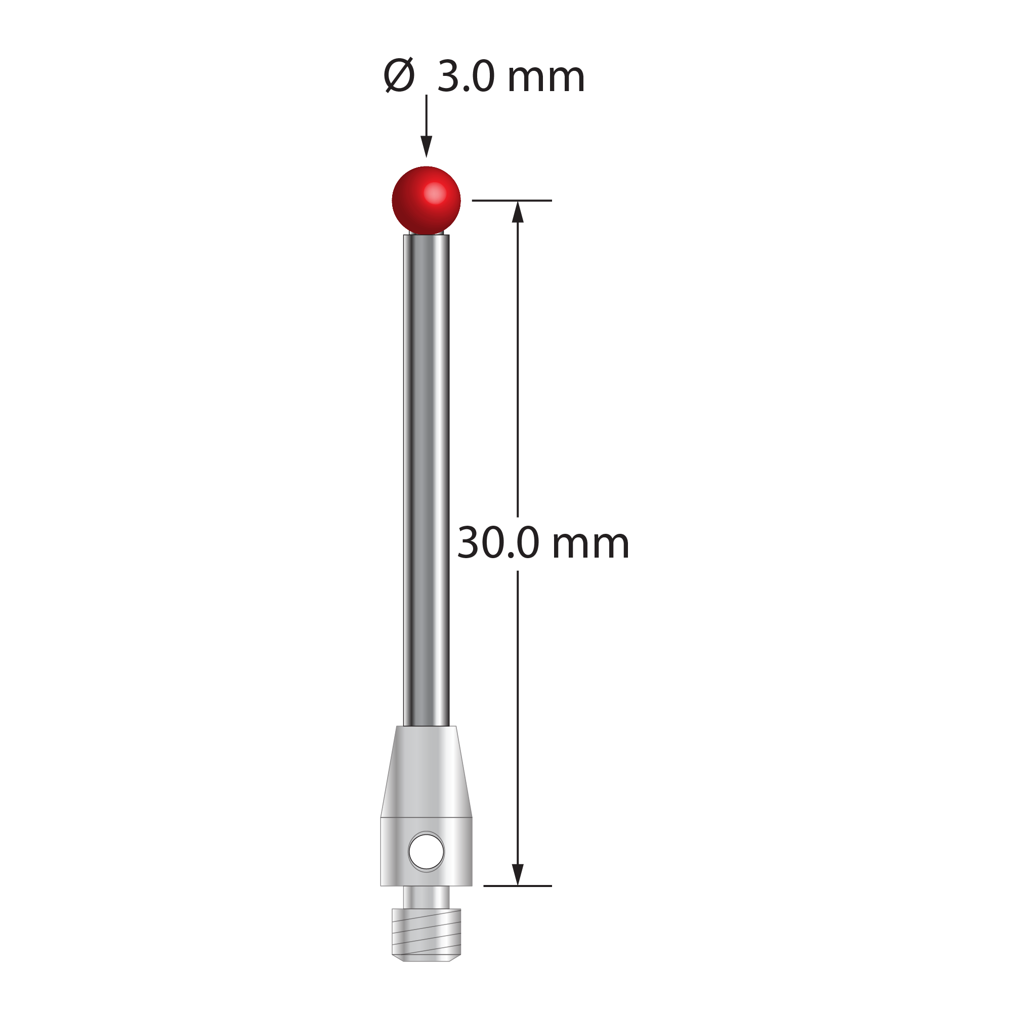 M3 stylus with 3.0 mm diameter ruby ball, 2.0 mm diameter carbide stem, and 4.0 mm diameter x 7.0 mm long stainless steel base. Stylus length to ball center is 30.0 mm. Stylus weight is 1.76 grams. Compare to Renishaw A-5003-0057 and Mitutoyo K651122.