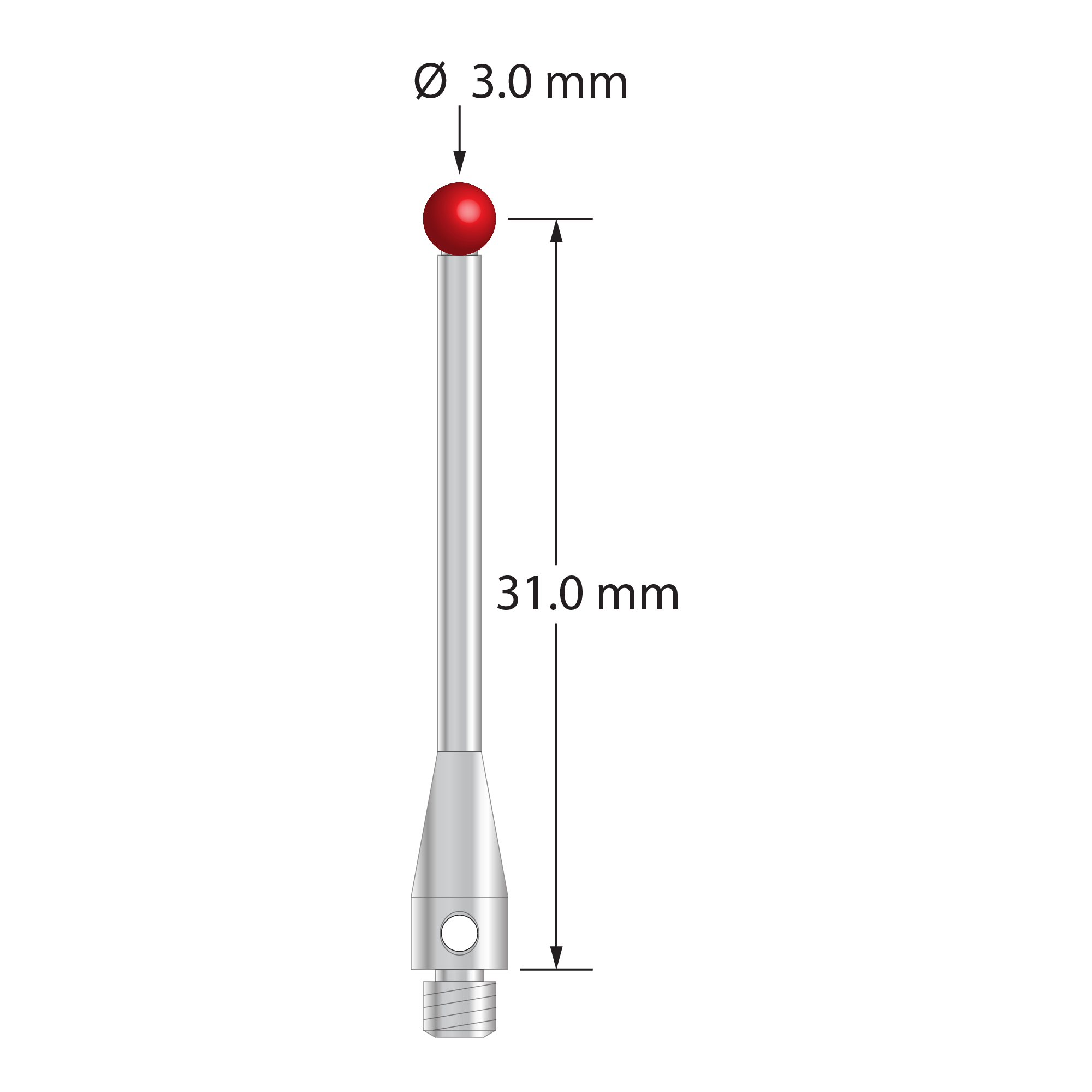 M3 Hexagon compatible stylus with 3.0 mm diameter ruby ball, 1.8 mm diameter stainless steel stem, and 4.0 mm diameter stainless steel base. Stylus length to ball center is 31.0 mm. Compare to Hexagon 03969333.