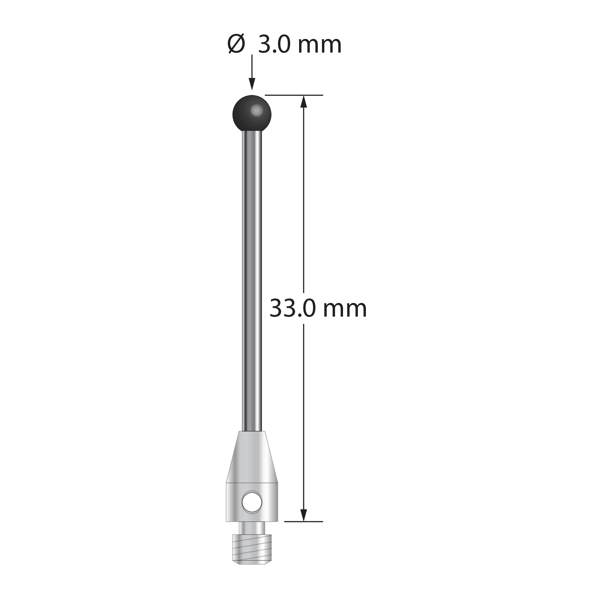 M3 stylus with 3.0 mm diameter silicon nitride ball, 1.5 mm diameter carbide stem, and 4.0 mm diameter x 7.0 mm long stainless steel base. Overall stylus length is 33.0 mm. Stylus weight is 1.49 grams.