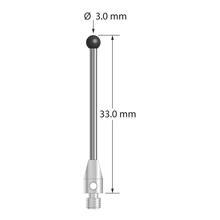 M3 stylus with 3.0 mm diameter silicon nitride ball, 1.5 mm diameter carbide stem, and 4.0 mm diameter x 7.0 mm long stainless steel base. Overall stylus length is 33.0 mm. Stylus weight is 1.49 grams.