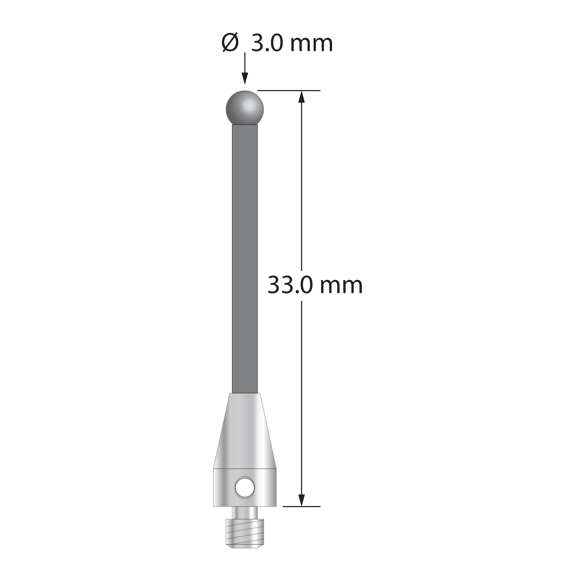 M3 XXT stylus with 3.0 mm diameter solid diamond sphere, 2.0 mm diameter carbon fiber stem, and 5.0 mm diameter x 9.0 mm long titanium base. Overall stylus length is 33.0 mm. Stylus weight is 0.61 gram. Compare to Zeiss 626103-0309-033.