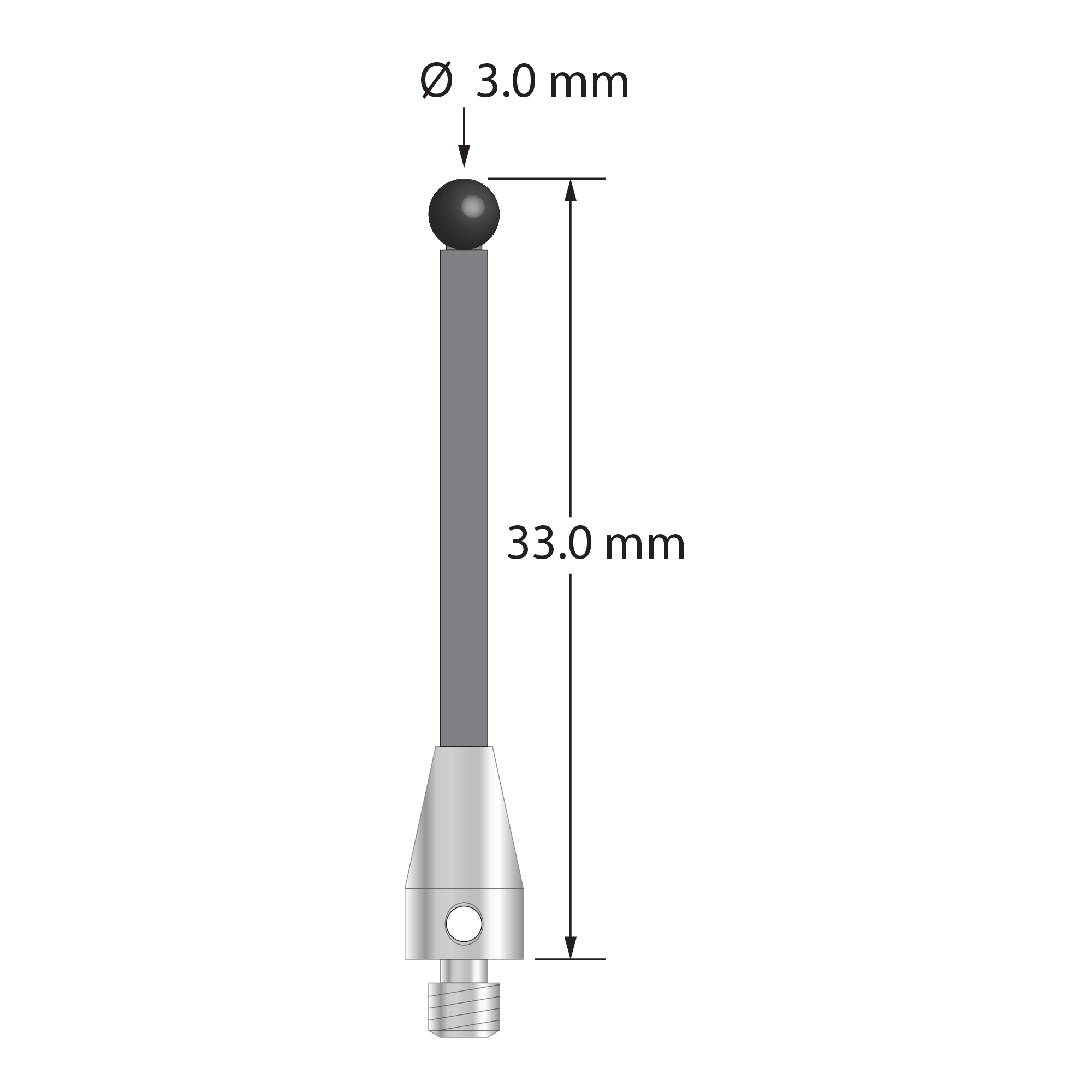 M3 XXT stylus with 3.0 mm diameter silicon nitride ball, 2.0 mm diameter carbon fiber stem, and 5.0 mm diameter x 9.0 mm long titanium base. Overall stylus length is 33.0 mm. Stylus weight is 0.61 gram. Compare to Zeiss 626103-0301-033.