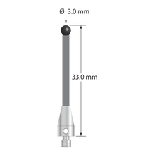 M3 XXT stylus with 3.0 mm diameter silicon nitride ball, 2.0 mm diameter carbon fiber stem, and 5.0 mm diameter x 9.0 mm long titanium base. Overall stylus length is 33.0 mm. Stylus weight is 0.61 gram. Compare to Zeiss 626103-0301-033.