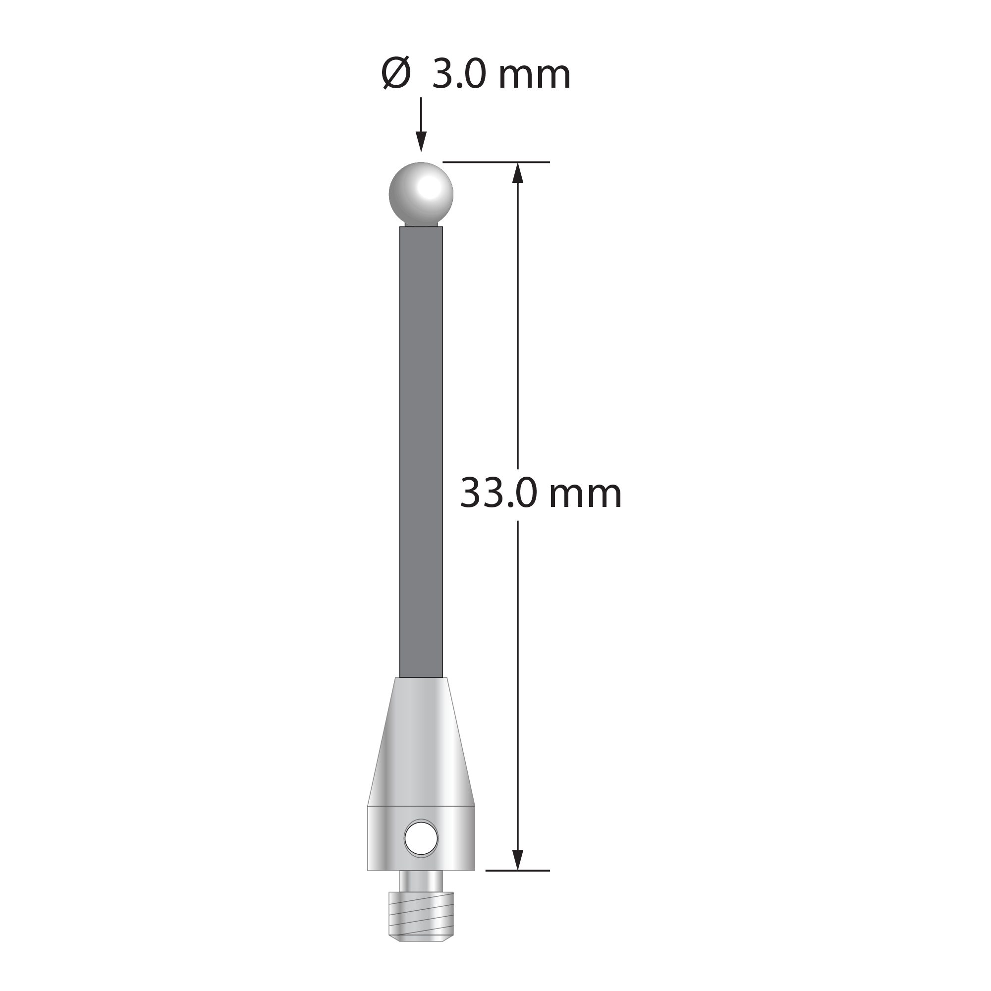 M3 XXT stylus with 3.0 mm diameter zirconia ball, 2.0 mm diameter carbon fiber stem, and 5.0 mm diameter x 9.0 mm long titanium base. Overall stylus length is 33.0 mm. Stylus weight is 0.61 gram.