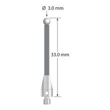 M3 XXT stylus with 3.0 mm diameter zirconia ball, 2.0 mm diameter carbon fiber stem, and 5.0 mm diameter x 9.0 mm long titanium base. Overall stylus length is 33.0 mm. Stylus weight is 0.61 gram.