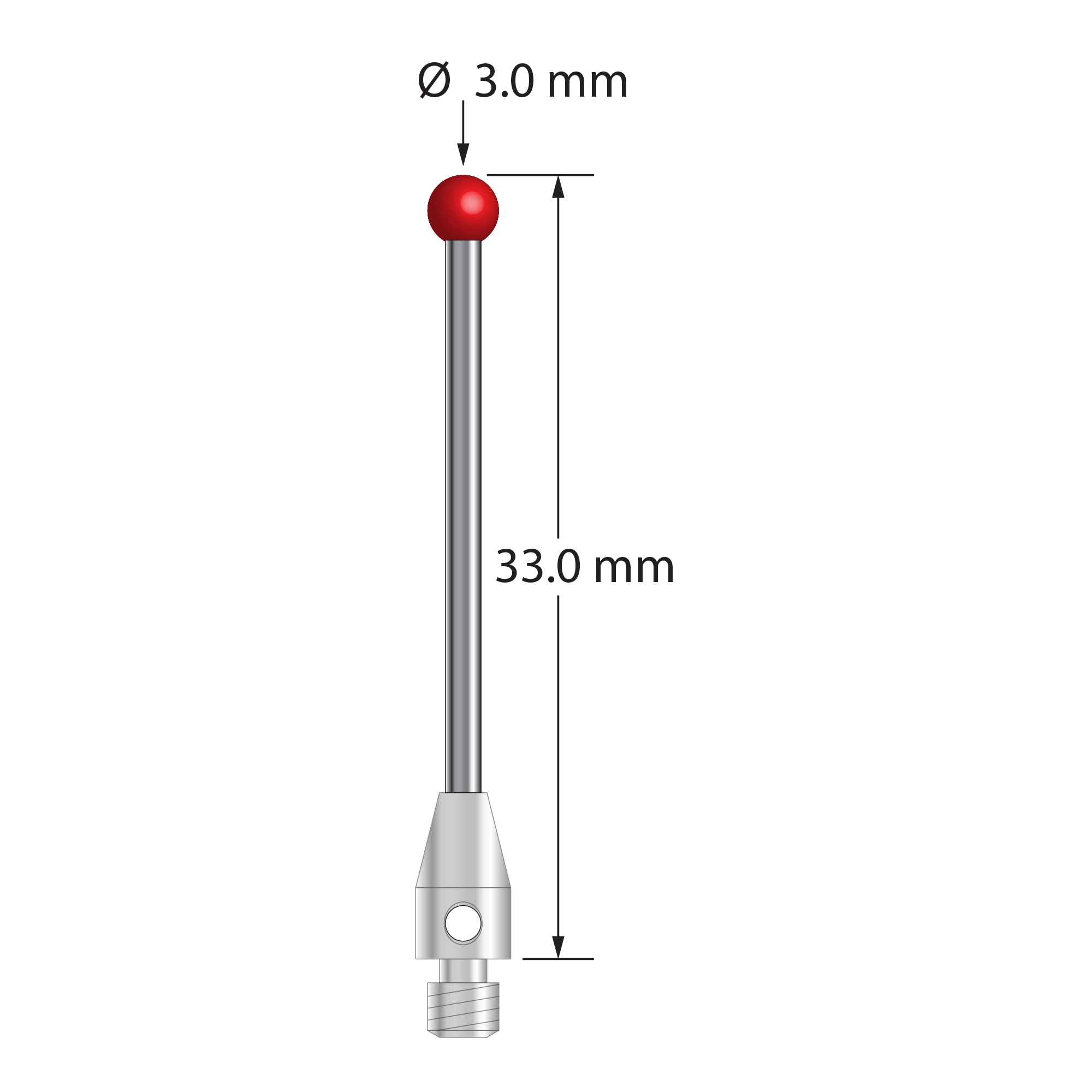 M3 stylus with 3.0 mm diameter ruby ball, 1.5 mm diameter carbide stem, and 4.0 mm diameter x 7.0 mm long stainless steel base. Overall stylus length is 33.0 mm. Stylus weight is 1.49 grams.