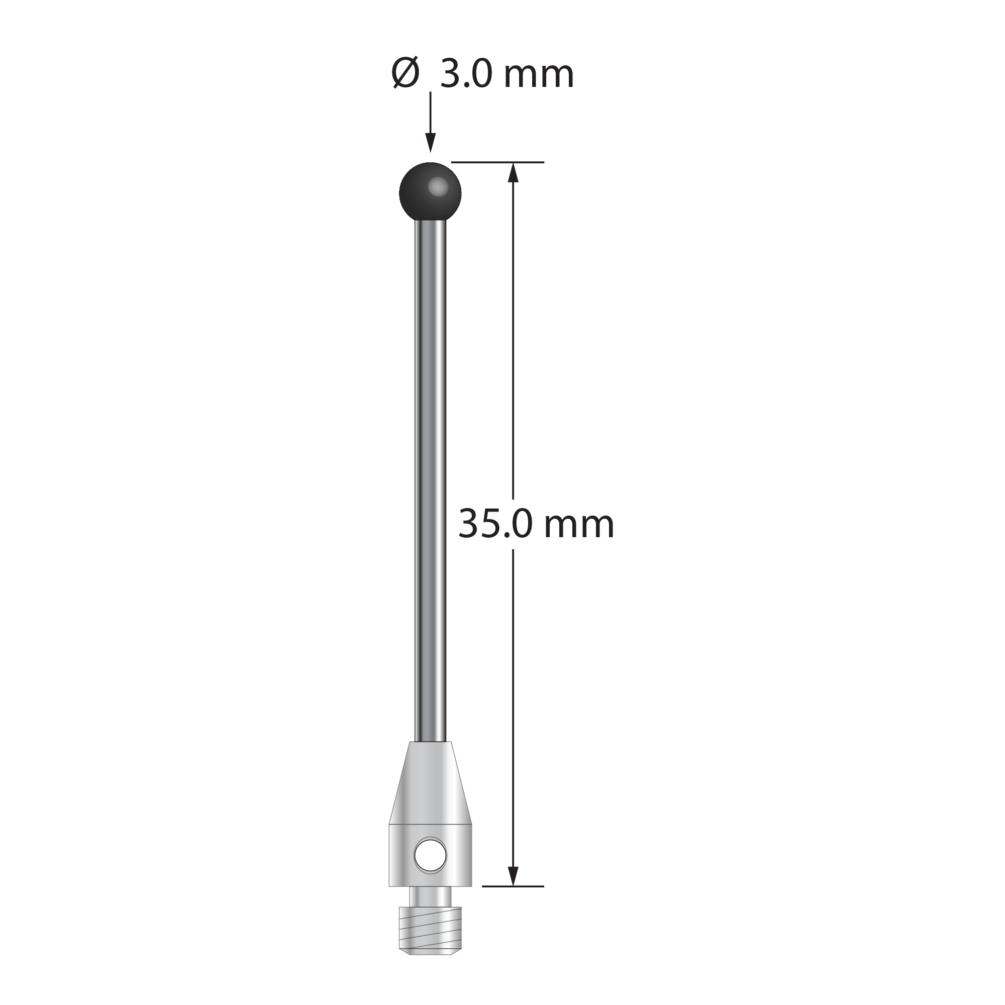 M3 stylus with 3.0 mm diameter silicon nitride ball, 1.5 mm diameter carbide stem, and 4.0 mm diameter x 7.0 mm long stainless steel base. Overall stylus length is 35.0 mm. Stylus weight is 1.40 grams.