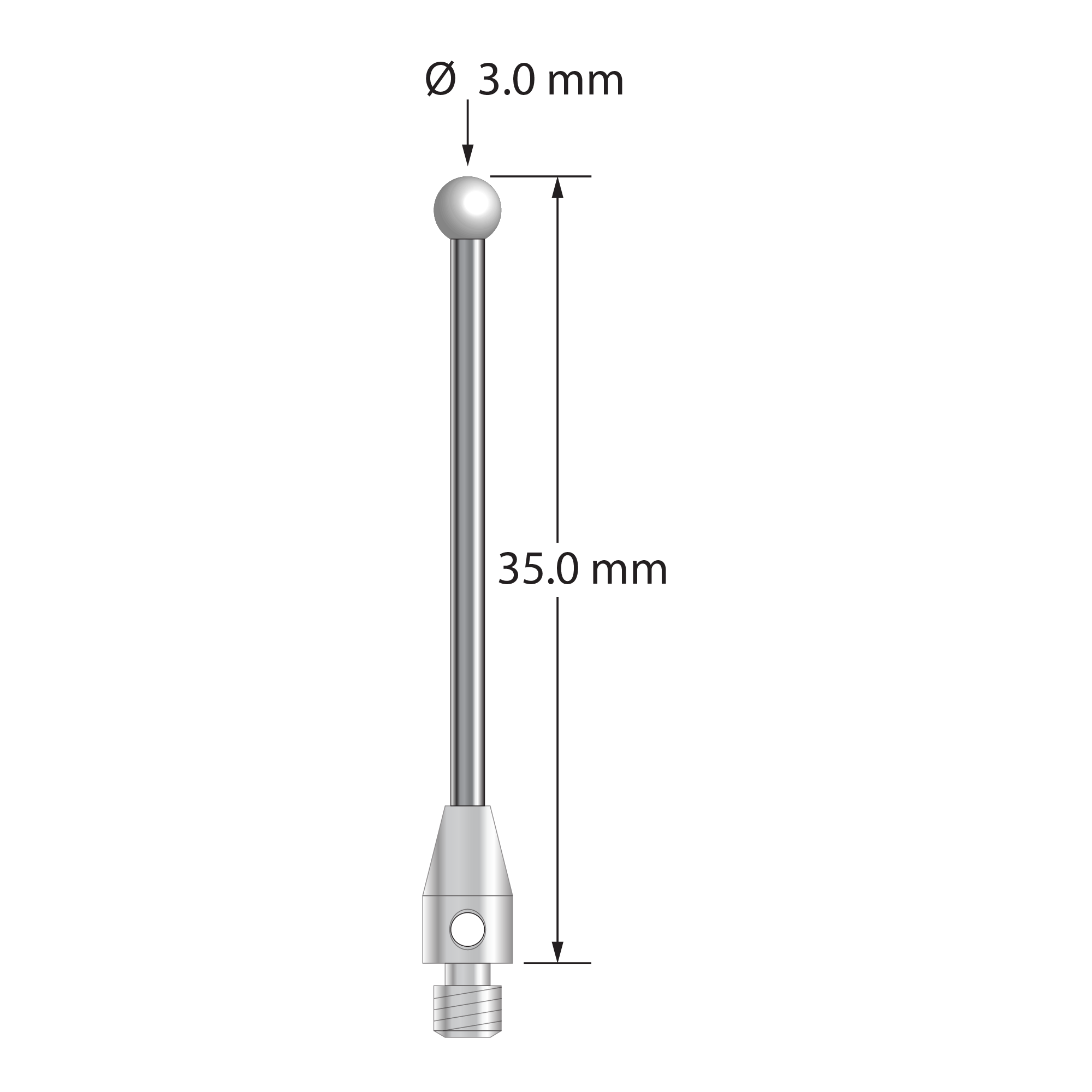 M3 stylus with 3.0 mm diameter zirconia ball, 1.5 mm diameter carbide stem, and 4.0 mm diameter x 7.0 mm long stainless steel base. Overall stylus length is 35.0 mm. Stylus weight is 1.40 grams.