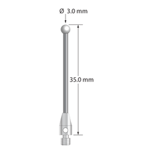 M3 stylus with 3.0 mm diameter zirconia ball, 1.5 mm diameter carbide stem, and 4.0 mm diameter x 7.0 mm long stainless steel base. Overall stylus length is 35.0 mm. Stylus weight is 1.40 grams.