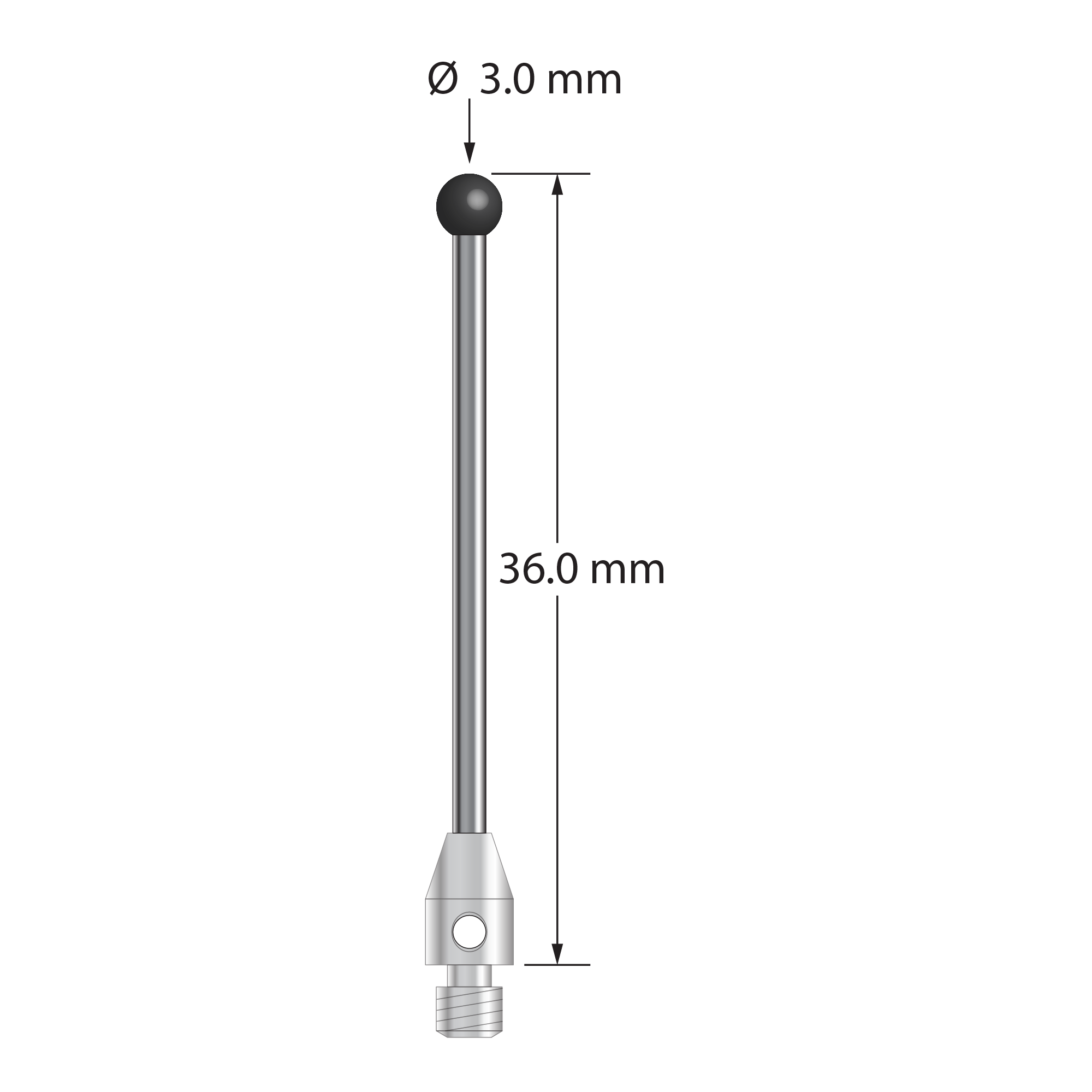 M3 stylus with 3.0 mm diameter silicon nitride ball, 1.5 mm diameter carbide stem, and 4.0 mm diameter x 6.0 mm long stainless steel base. Overall stylus length is 35.0 mm. Stylus weight is 1.43 grams. Compare to Zeiss 626123-0355-036.
