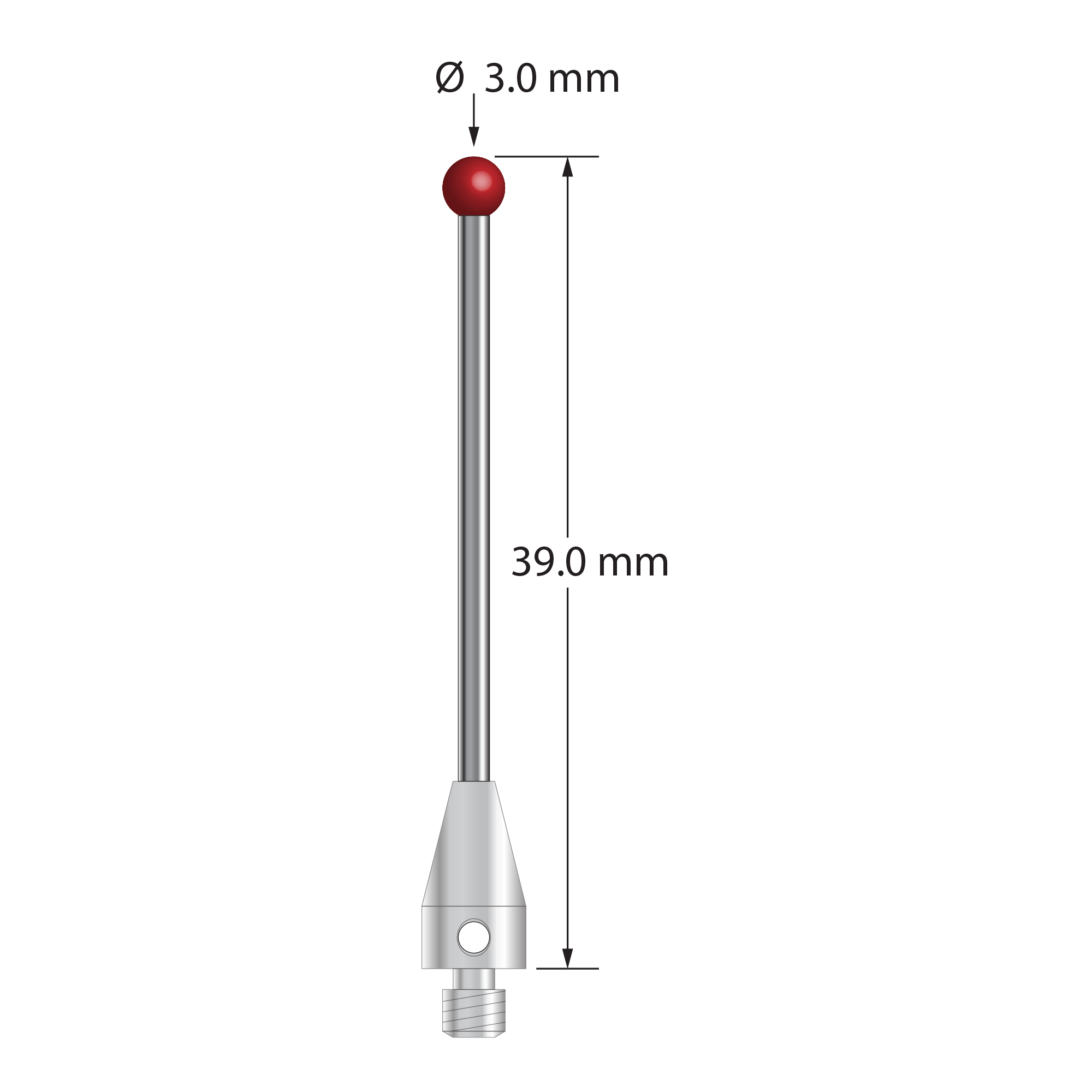 M3 XXT stylus with 3.0 mm diameter ruby ball, 1.5 mm diameter carbide stem, and 5.0 mm diameter x 9.0 mm long titanium base. Overall stylus length is 39.0 mm. Stylus weight is 1.31 gram. Compare to Zeiss 626103-0354-039.