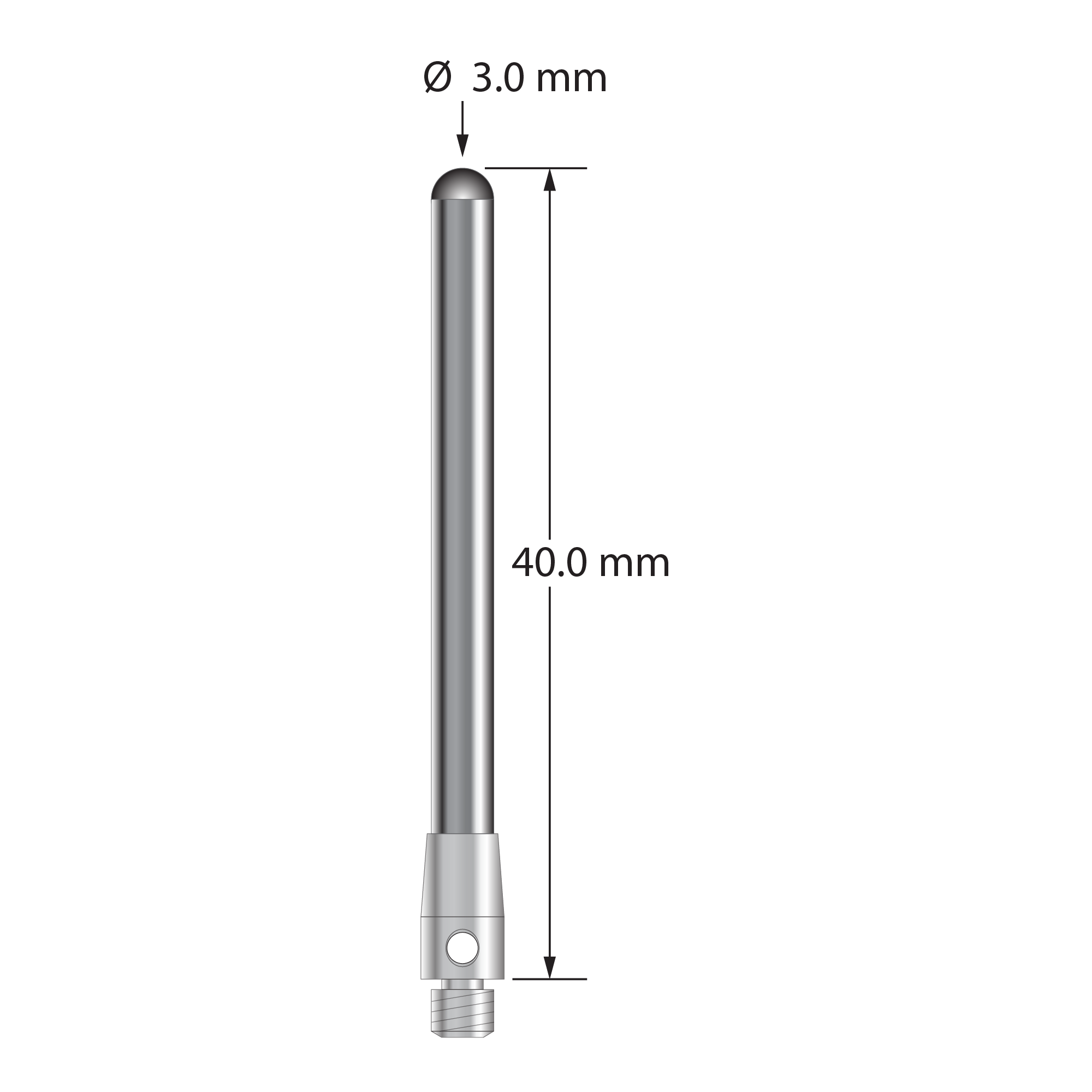 TM3-3040-BC M3 cylinder stylus with 3.0mm carbide cylinder and stainless steel base, 40.0mm long.