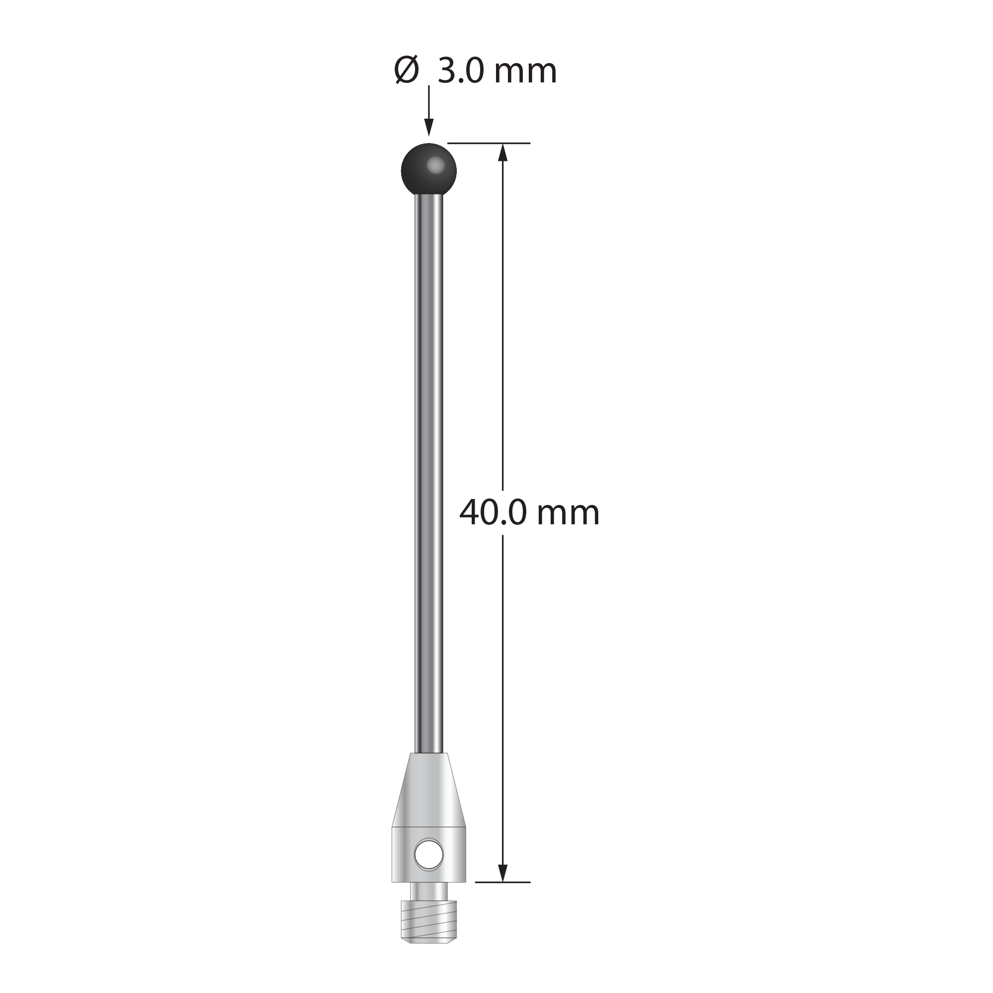 M3 stylus with 3.0 mm diameter silicon nitride ball, 1.5 mm diameter carbide shaft, and 4.0 mm diameter x 7.0 mm long stainless steel base. Overall stylus length is 40.0 mm. Stylus weight is 1.54 grams.