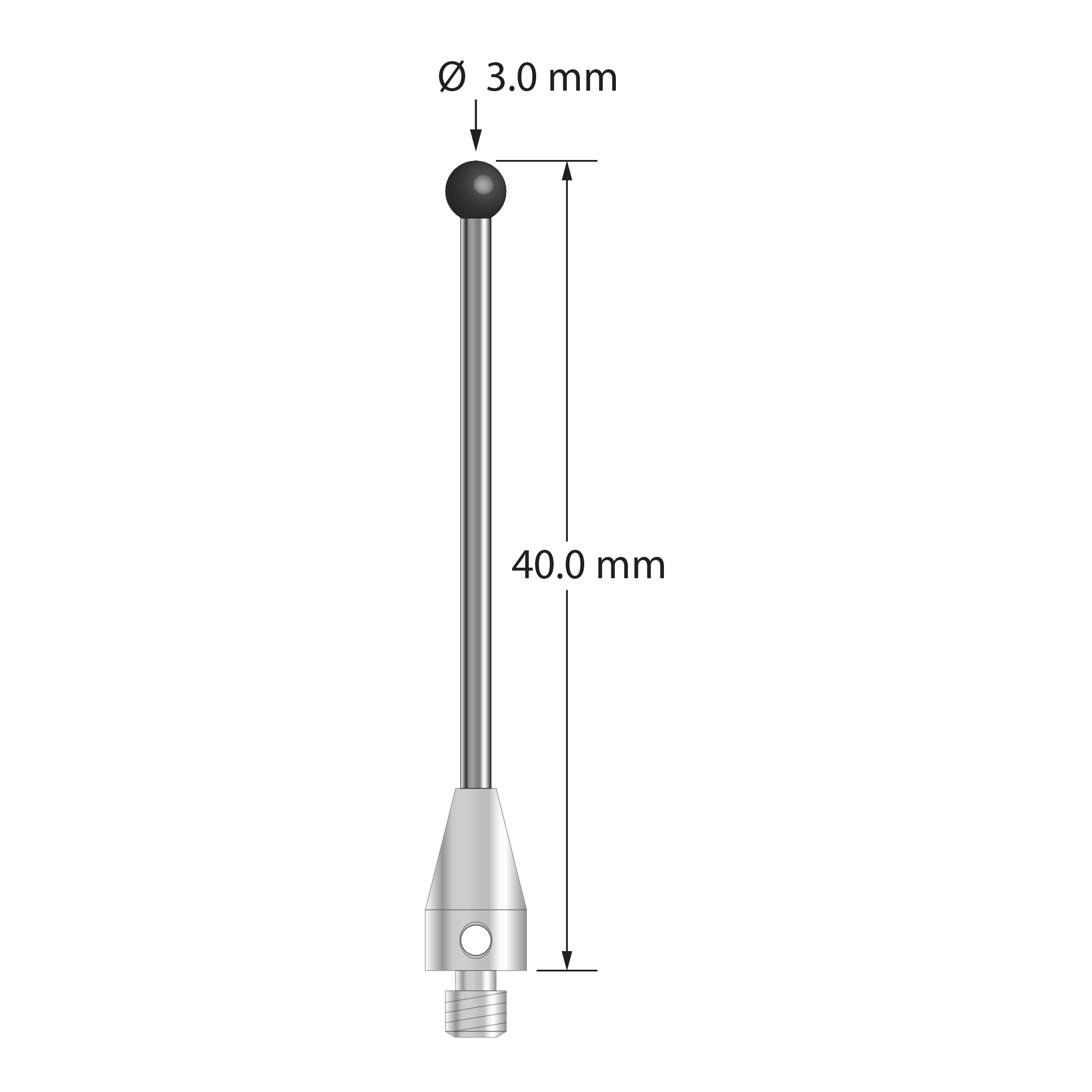 M3 XXT stylus with 3.0 mm diameter silicon nitride ball, 1.5 mm diameter carbide stem, and 5.0 mm diameter x 9.0 mm long titanium base. Overall stylus length is 40.0 mm. Stylus weight is 1.33 gram. Compare to Zeiss 626103-0355-040.