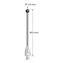 M3 XXT stylus with 3.0 mm diameter silicon nitride ball, 1.5 mm diameter carbide stem, and 5.0 mm diameter x 9.0 mm long titanium base. Overall stylus length is 40.0 mm. Stylus weight is 1.33 gram. Compare to Zeiss 626103-0355-040.