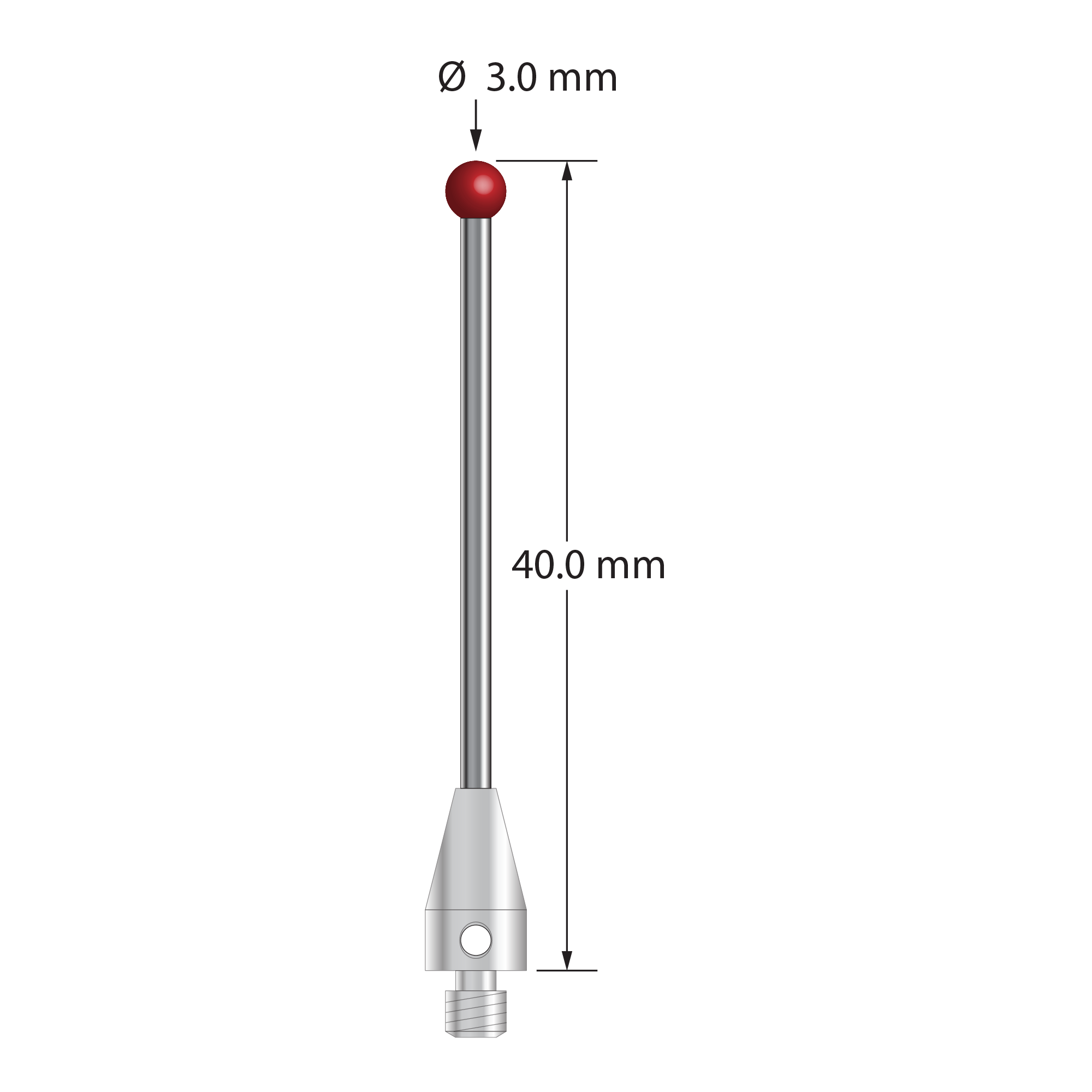 M3 XXT stylus with 3.0 mm diameter ruby ball, 1.5 mm diameter carbide stem, and 5.0 mm diameter x 9.0 mm long titanium base. Overall stylus length is 40.0 mm. Stylus weight is 1.33 gram. Compare to Zeiss 626103-0354-040.